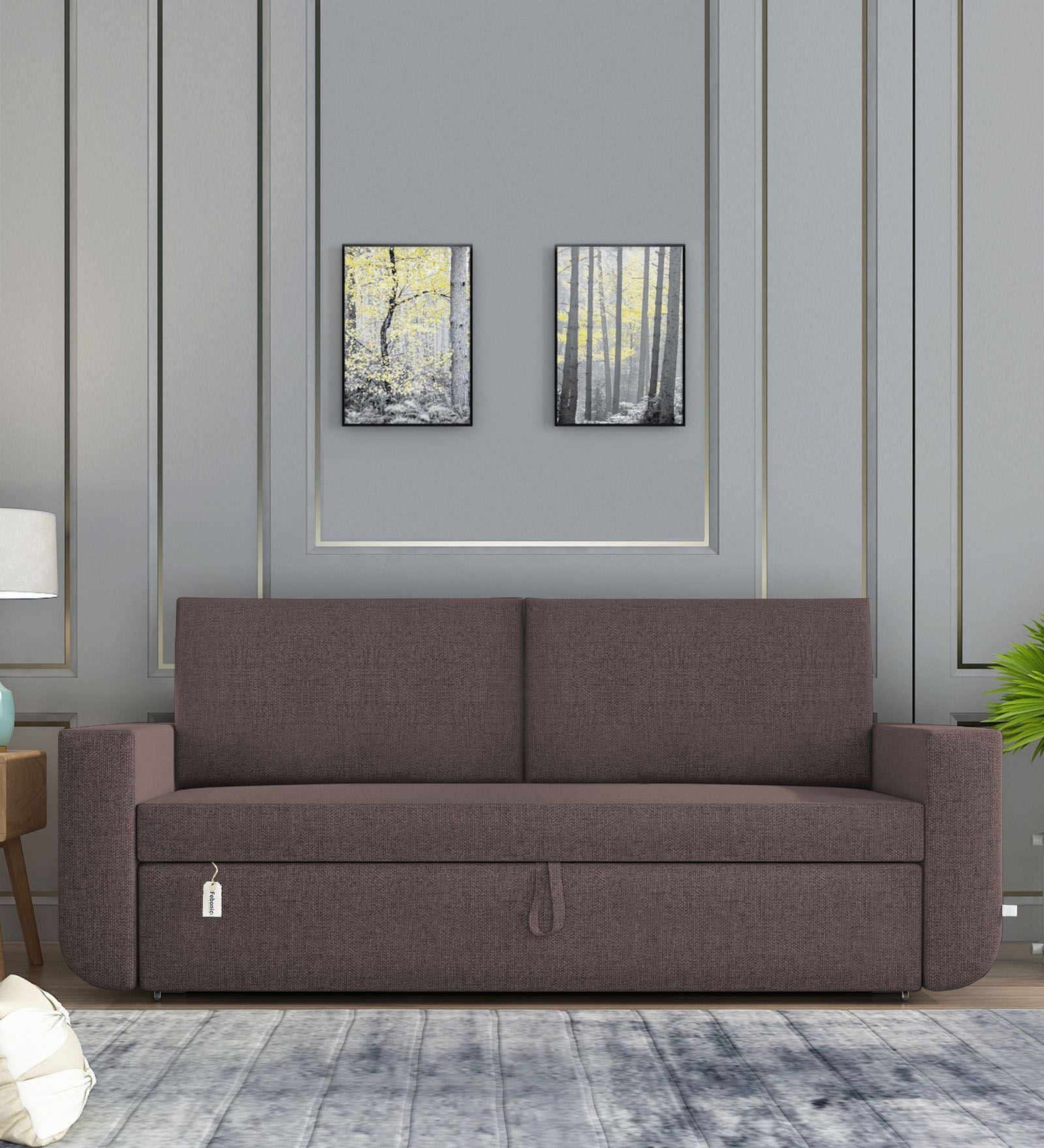 Grace Fabric 3 Seater Pull Out Sofa Cum Bed In Caspa Brown Colour With Storage - Febonic Living