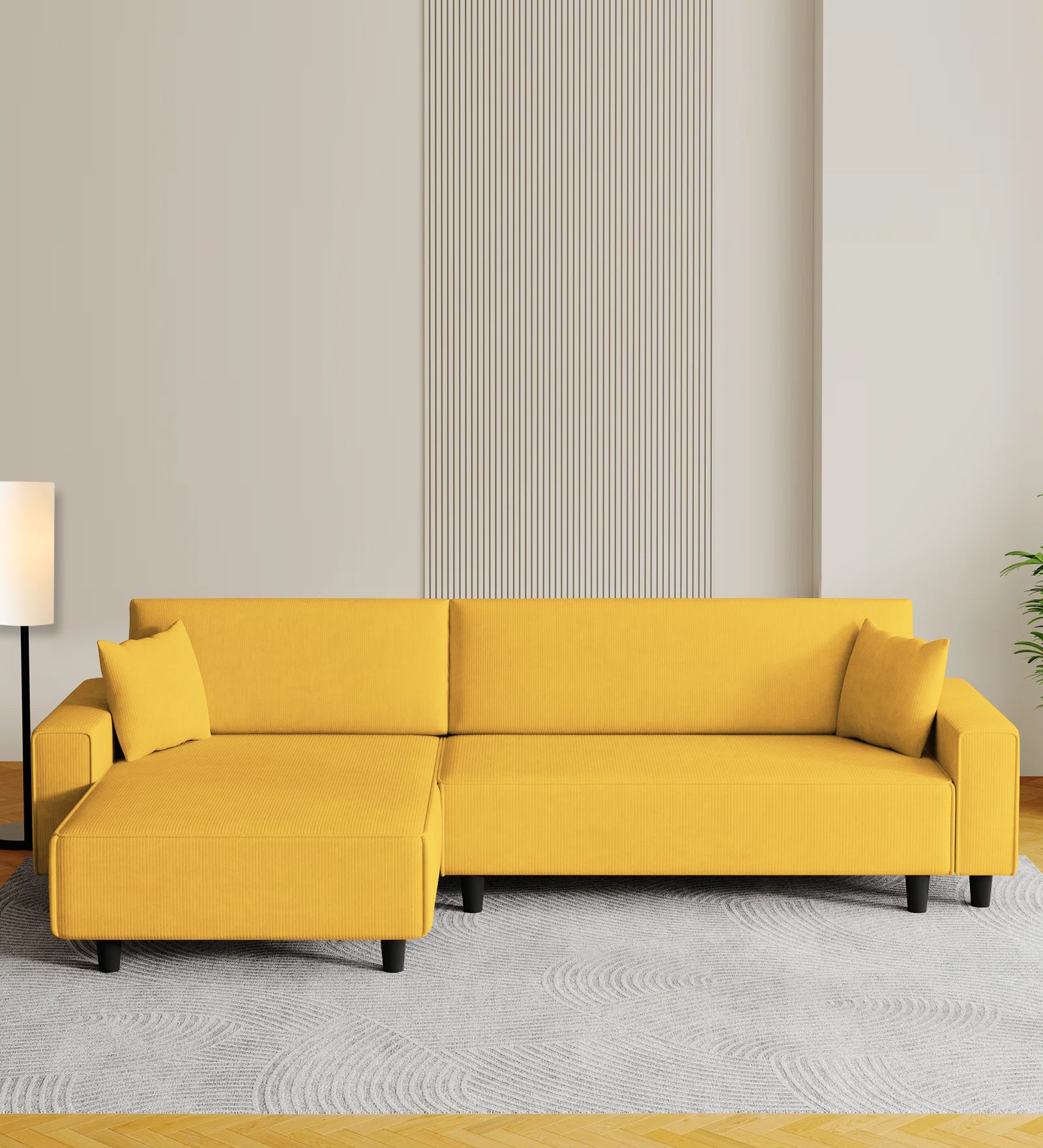 Peach Fabric RHS 6 Seater Sofa Cum Bed With Storage In Bold Yellow Colour - Febonic Living