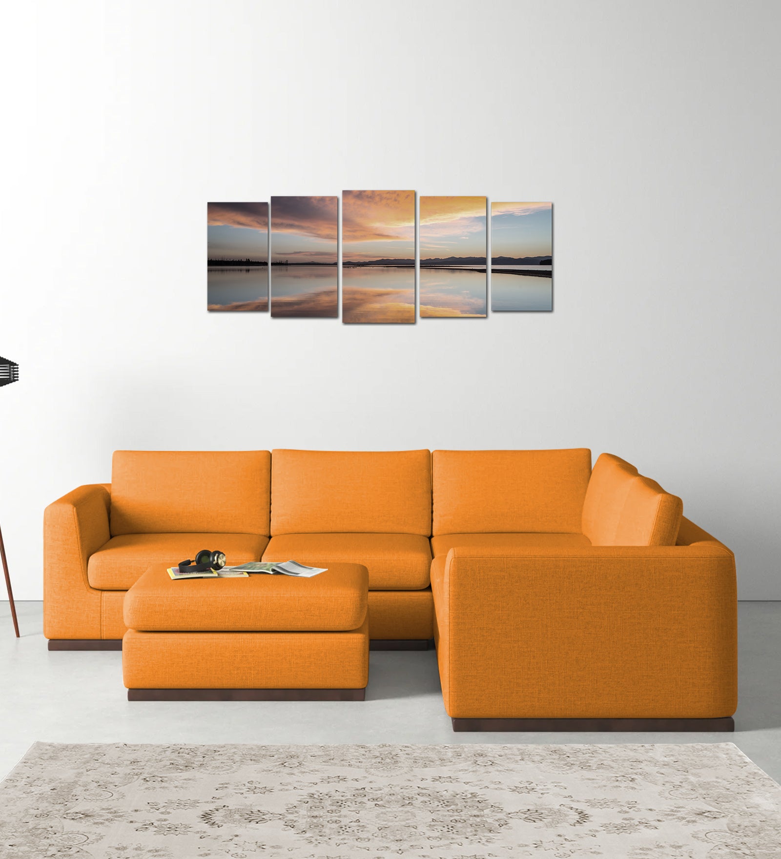 Freedom Velvet 6 Seater RHS Corner Sofa In Tangerine Orange Colour With Ottoman - Febonic Living