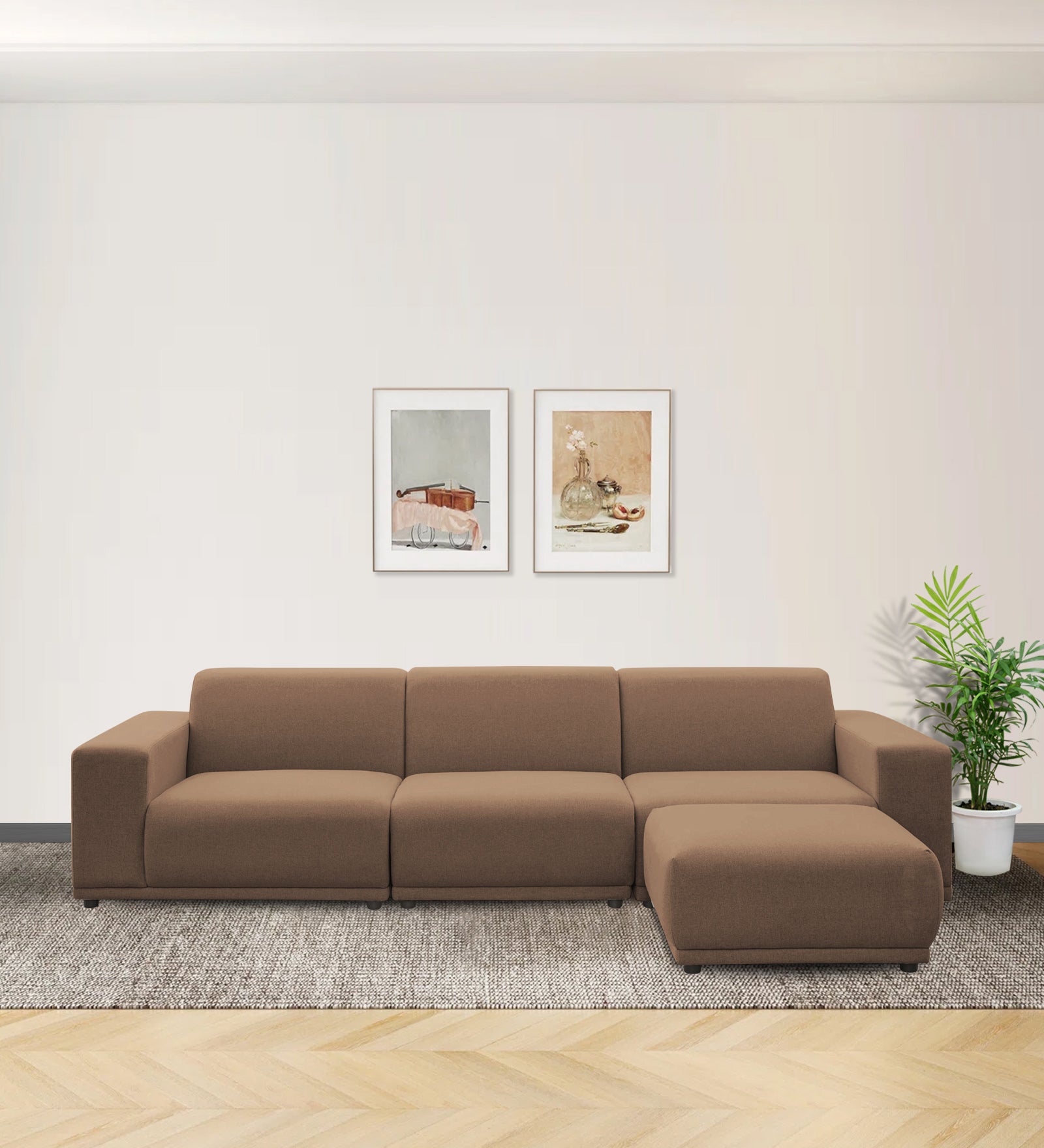 Adam Fabric RHS Sectional Sofa (3+Ottoman Lounger) In Cookie Beige Colour - Febonic Living