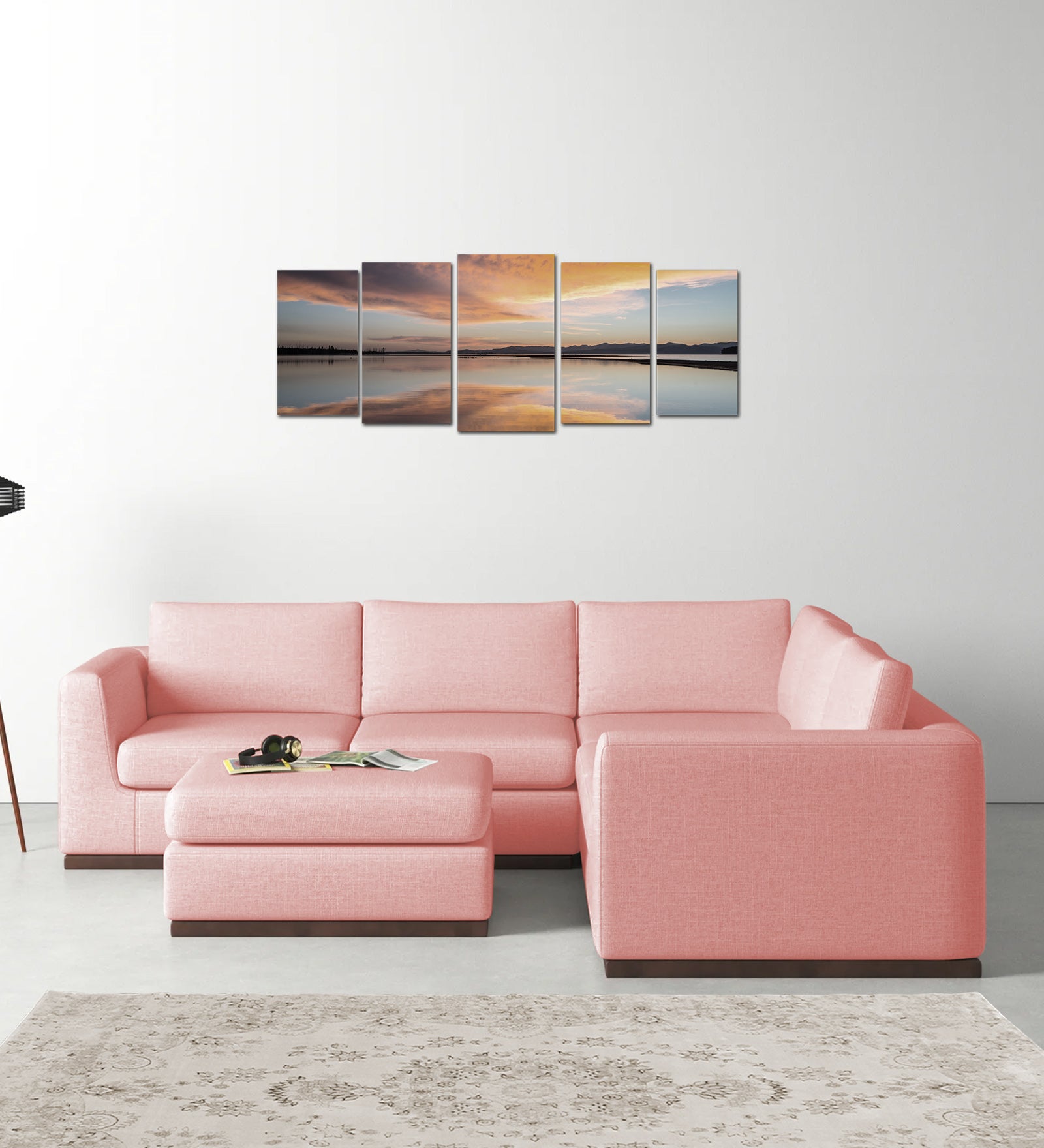 Freedom Velvet 6 Seater RHS Corner Sofa In Millennial Pink Colour With Ottoman - Febonic Living