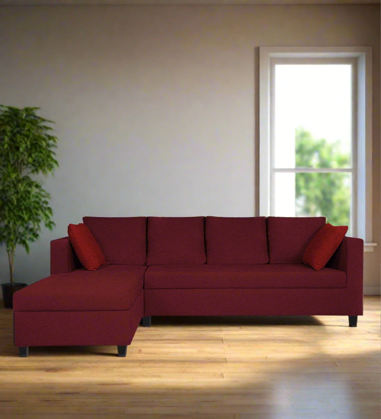 Nebula Fabric RHS Sectional Sofa (3+Lounger) In Blood Maroon Colour - Febonic Living