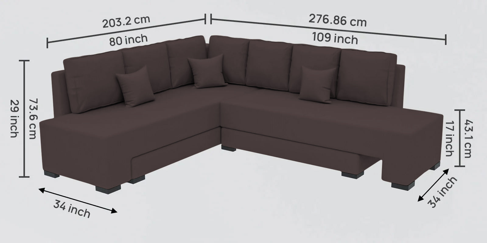 Corby Velvet RHS 6 Seater Convertible Sofa Cum Bed In Mocha Brown Colour - Febonic Living