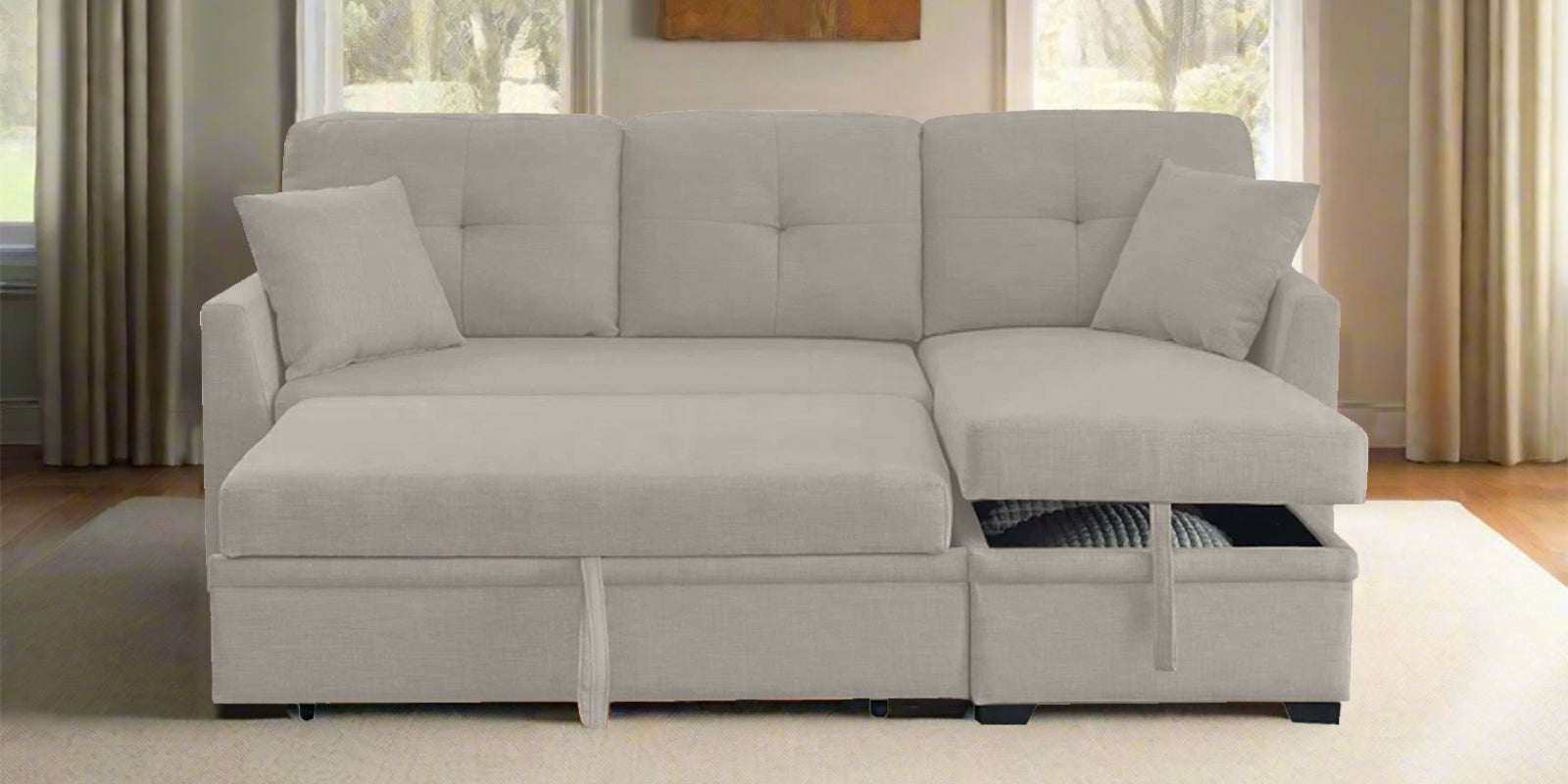 Jody Fabric 3 Seater Pull Out Sofa Cum Bed In Ash Grey Colour With Storage - Febonic Living