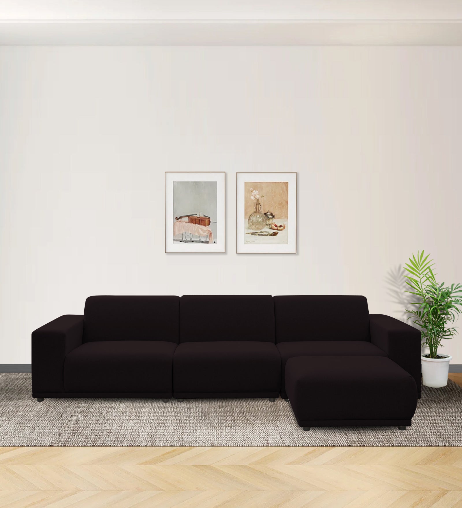 Adam Fabric RHS Sectional Sofa (3+Ottoman Lounger) In Cara Brown Colour - Febonic Living