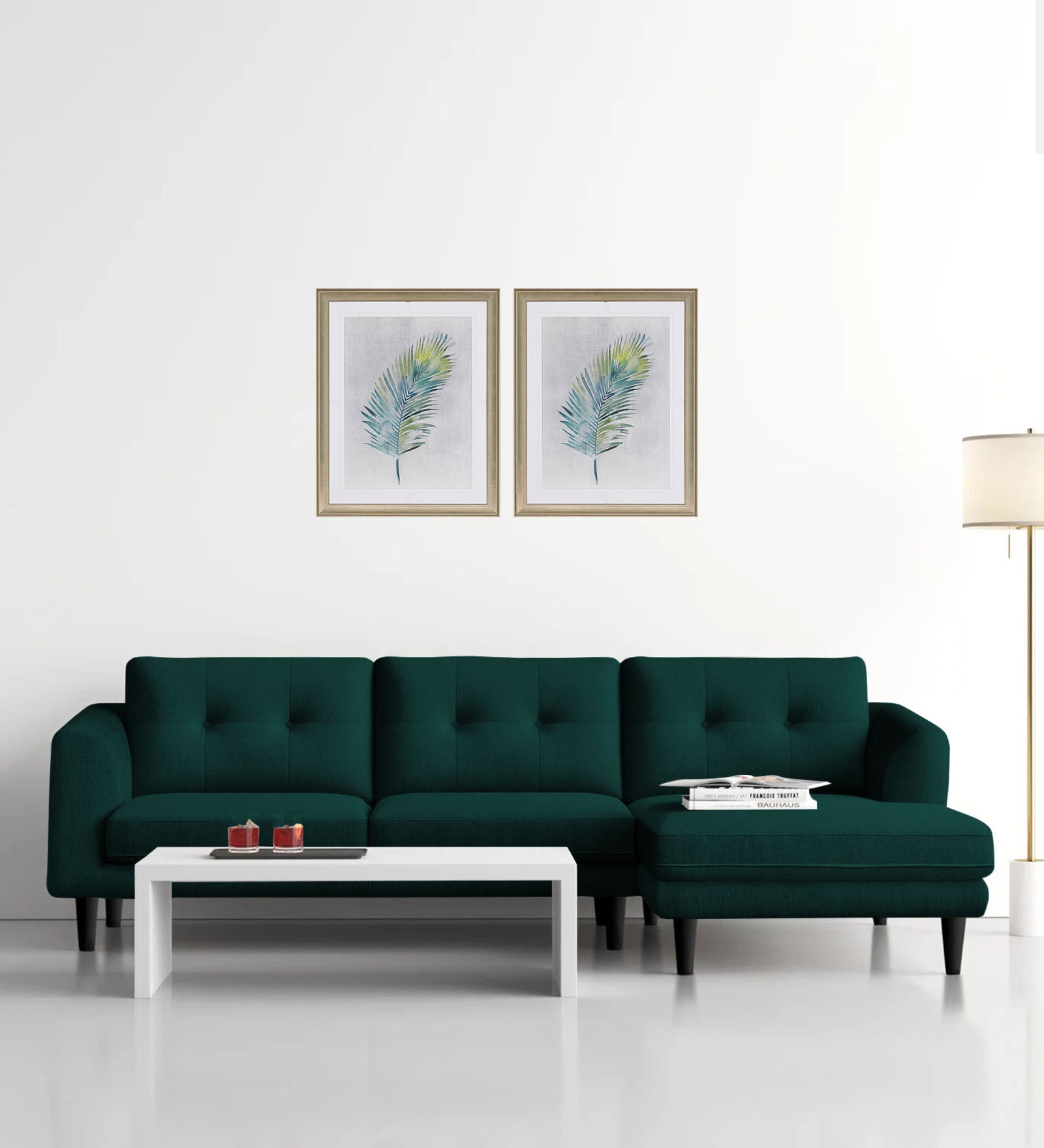 Natasha Velvet LHS Sectional Sofa (3+Lounger) In Forest Green Colour - Febonic Living