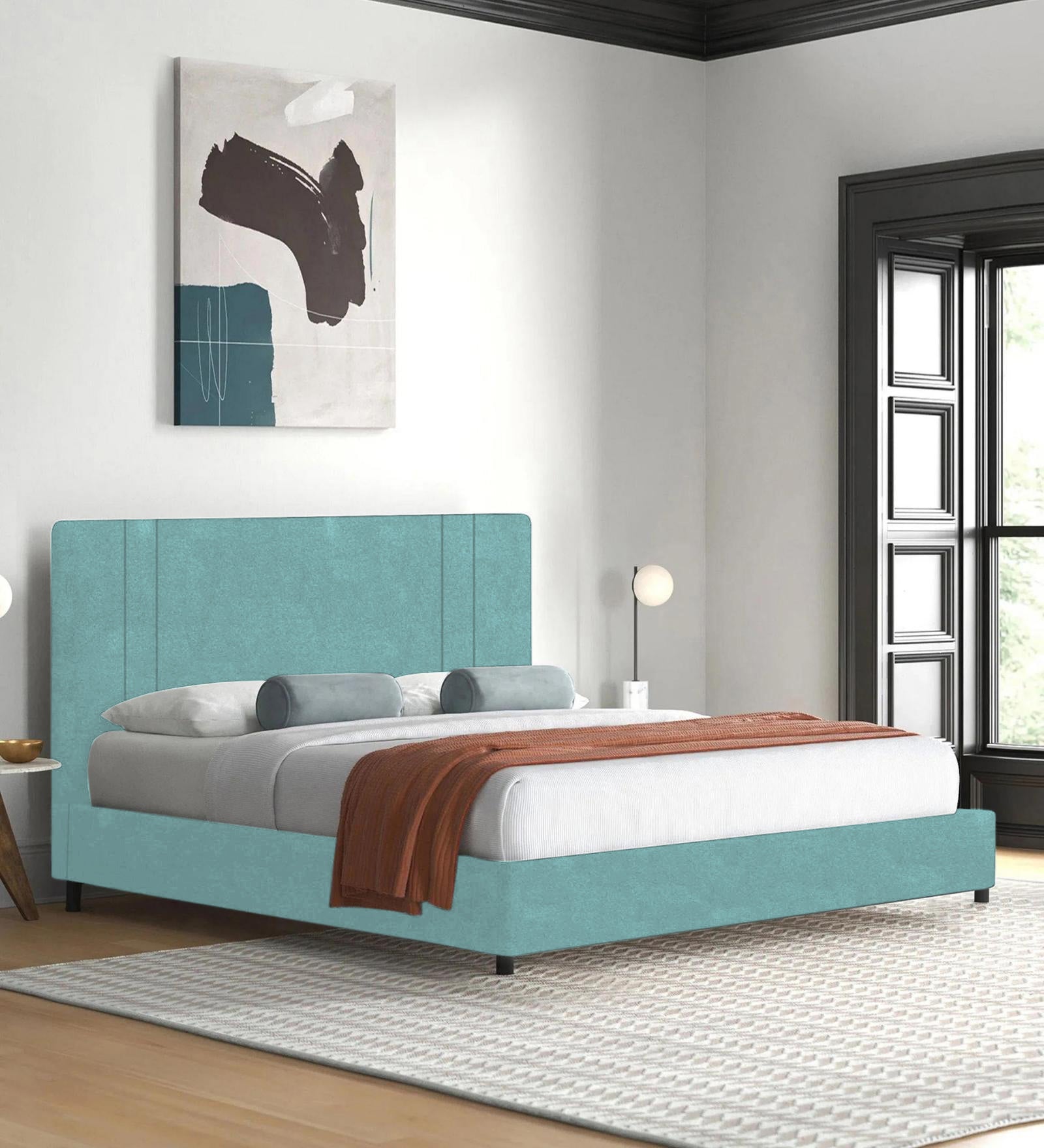 Asyra Velvet Queen Size Bed in Barmunda Aqua Colour With Box Storage - Febonic Living