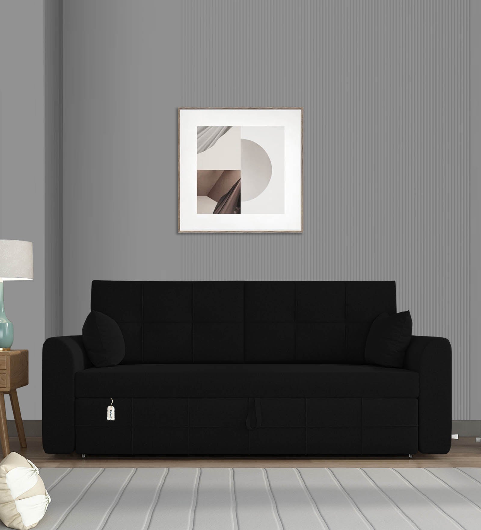 Ines Velvet 3 Seater Pull Out Sofa Cum Bed In In Zed Black Colour With Storage - Febonic Living