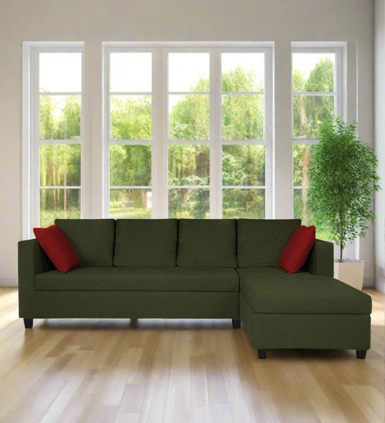Nebula Fabric LHS Sectional Sofa (3+Lounger) In Olive Green Colour - Febonic Living