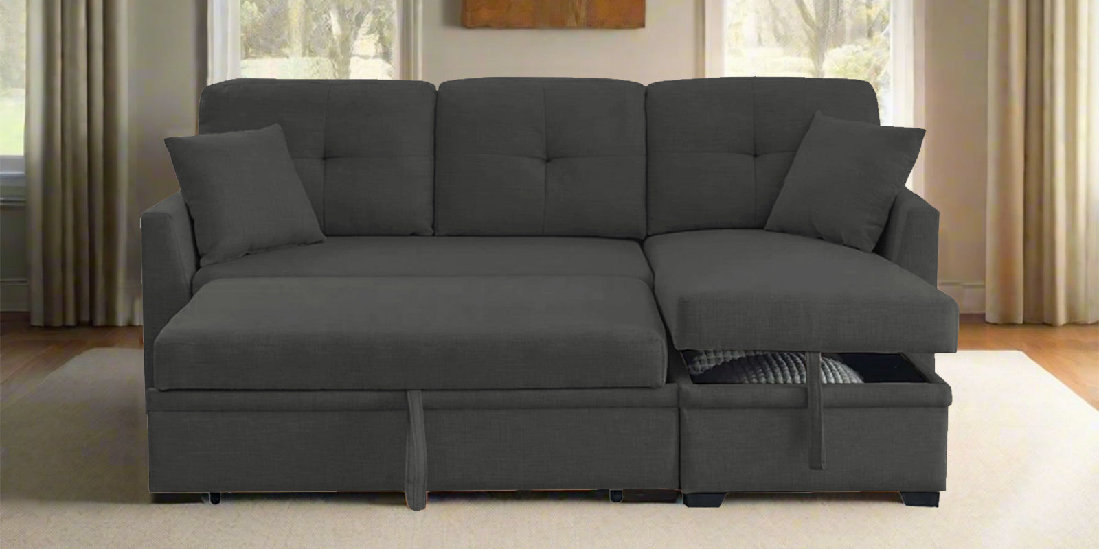 Jody Fabric 3 Seater Pull Out Sofa Cum Bed In Charcoal Grey Colour With Storage - Febonic Living
