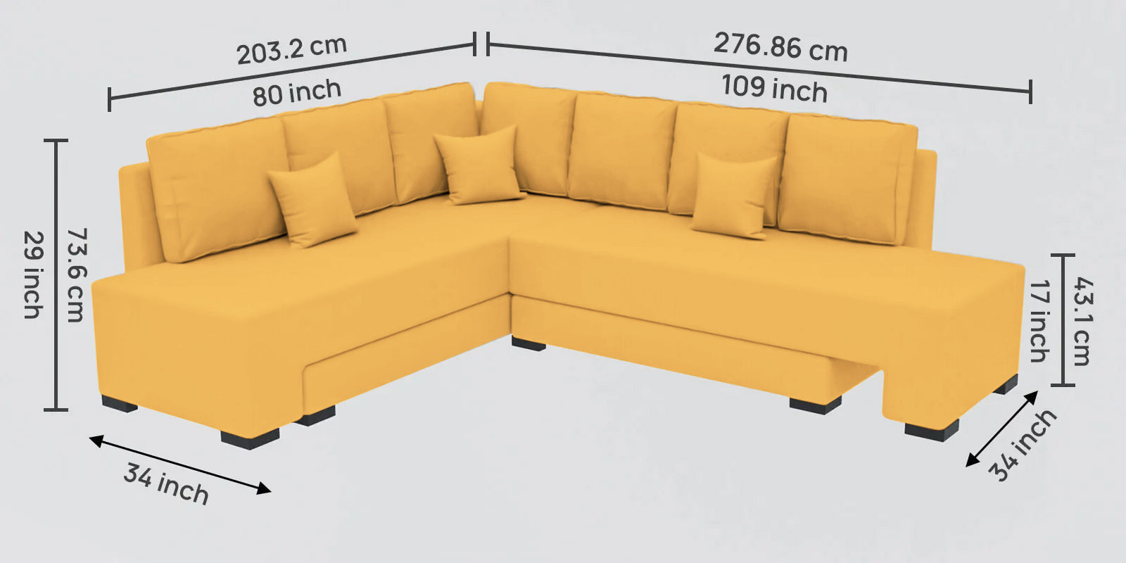 Corby Velvet LHS 6 Seater Convertible Sofa Cum Bed In Turmeric Yellow Colour - Febonic Living