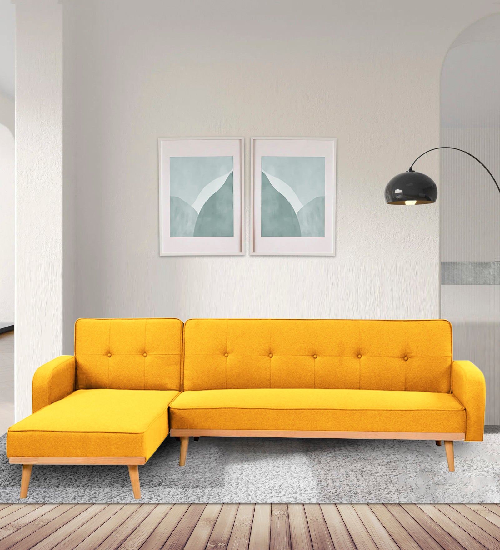 Zuno Fabric RHS Convertible Sofa Cum Bed In Bold Yellow Colour - Febonic Living