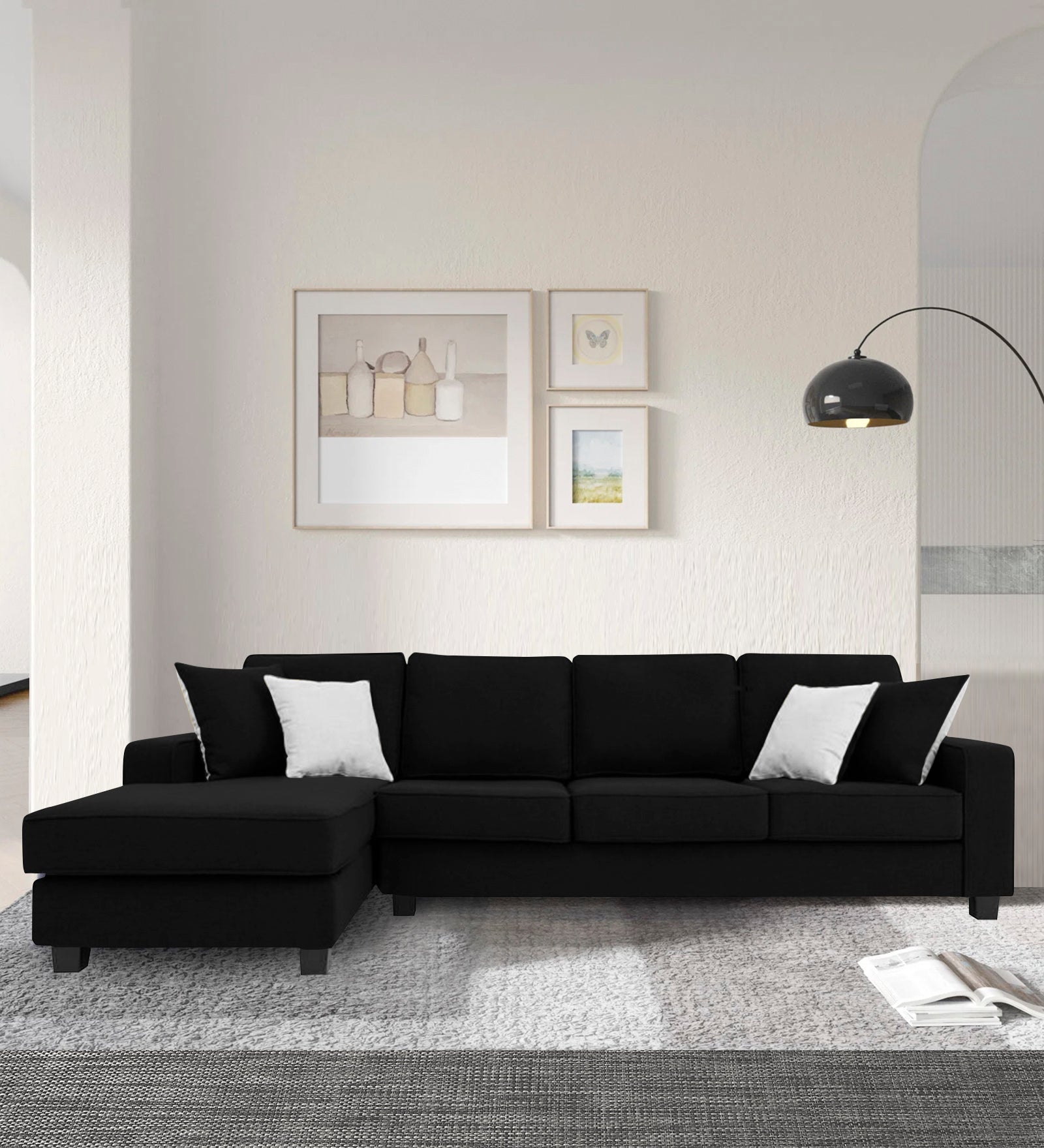 Ladybug Fabric RHS Sectional Sofa (3+Lounger) In Zed Black Colour - Febonic Living