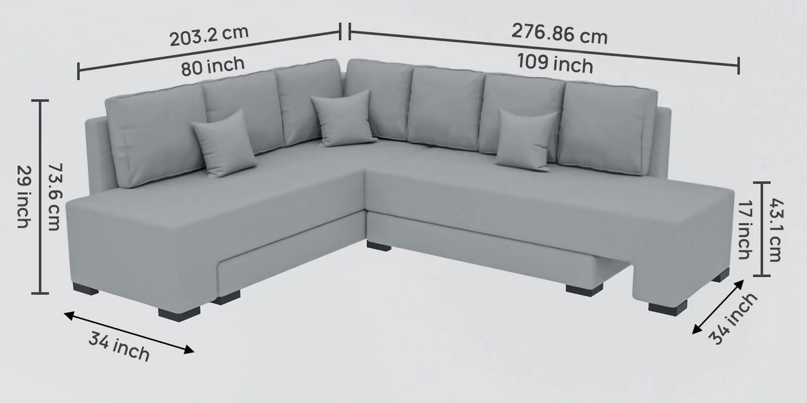Corby Velvet RHS 6 Seater Convertible Sofa Cum Bed In Concrete Grey Colour - Febonic Living