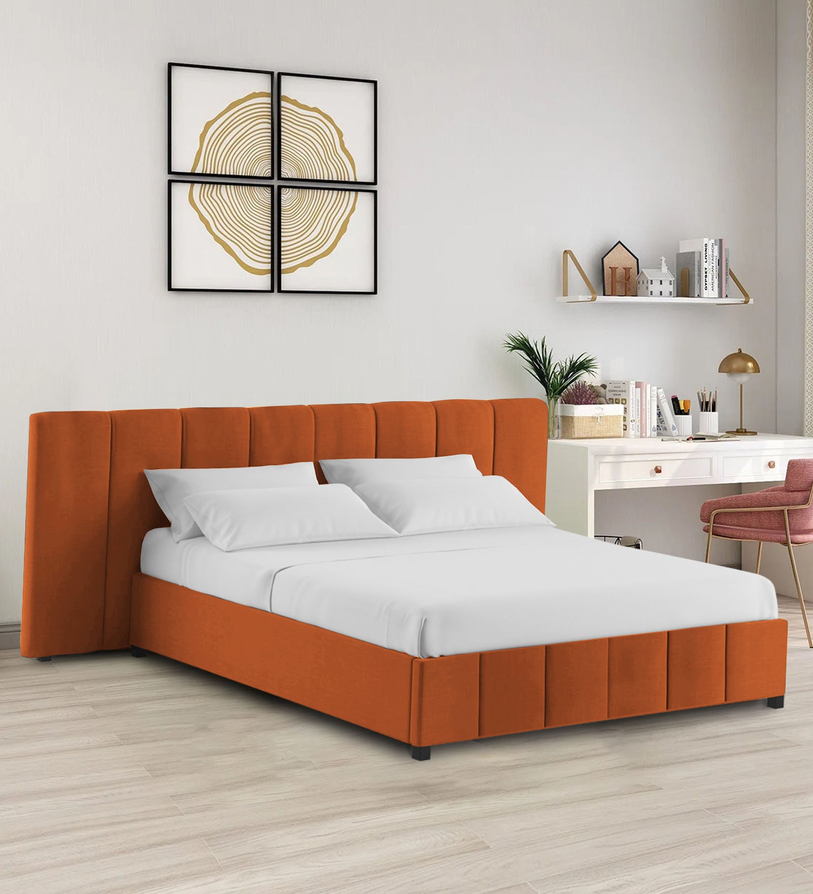 Nora Fabric Queen Size Bed In Vivid Orange Colour With Box Storage - Febonic Living