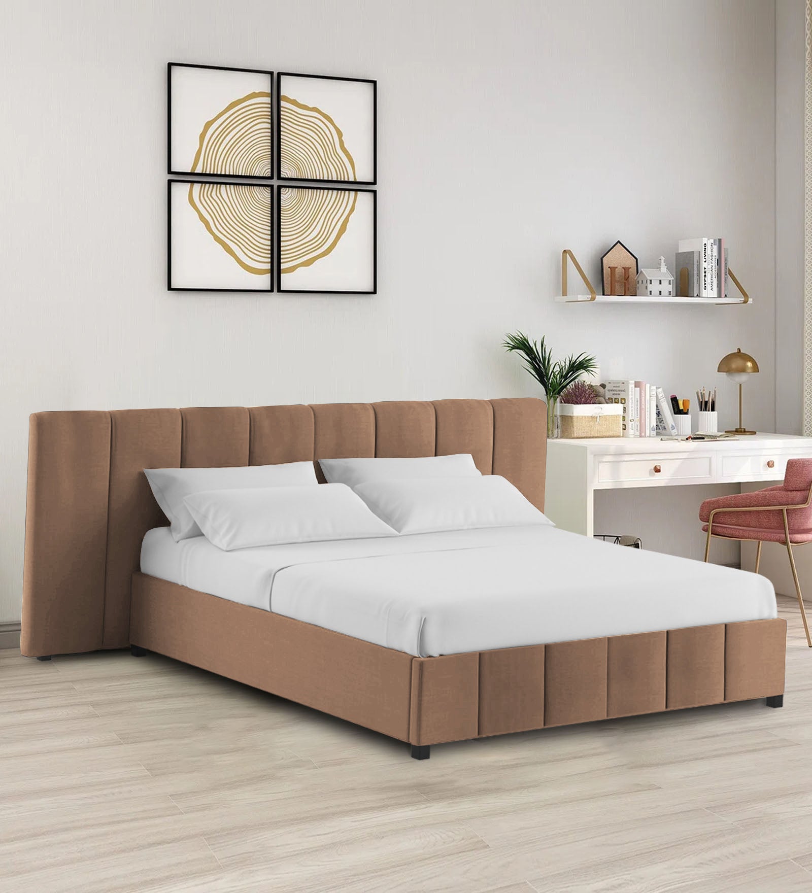 Nora Fabric Queen Size Bed In Cosmic Beige Colour With Box Storage - Febonic Living