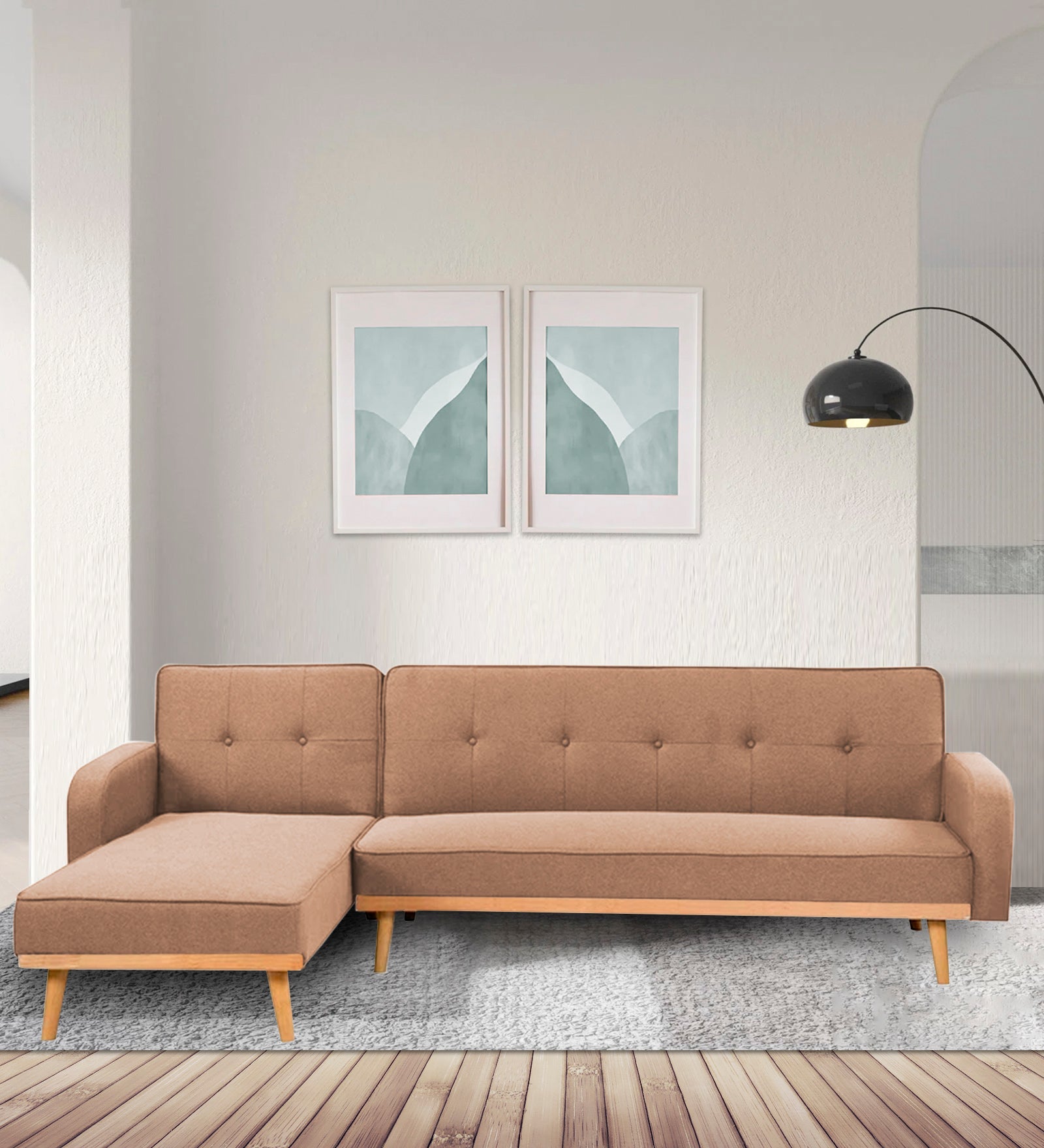 Zuno Fabric RHS Convertible Sofa Cum Bed In Cosmic Beige Colour - Febonic Living
