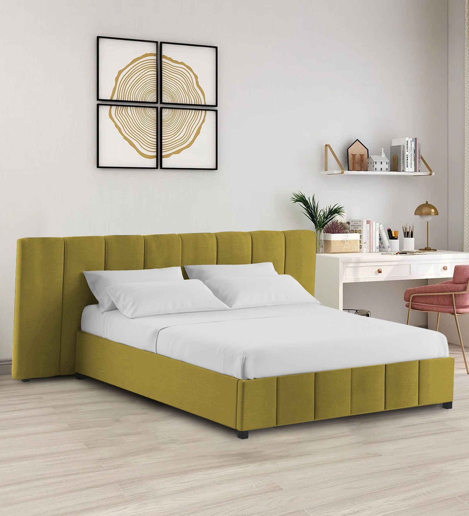 Nora Fabric Queen Size Bed In Parrot Green Colour With Box Storage - Febonic Living