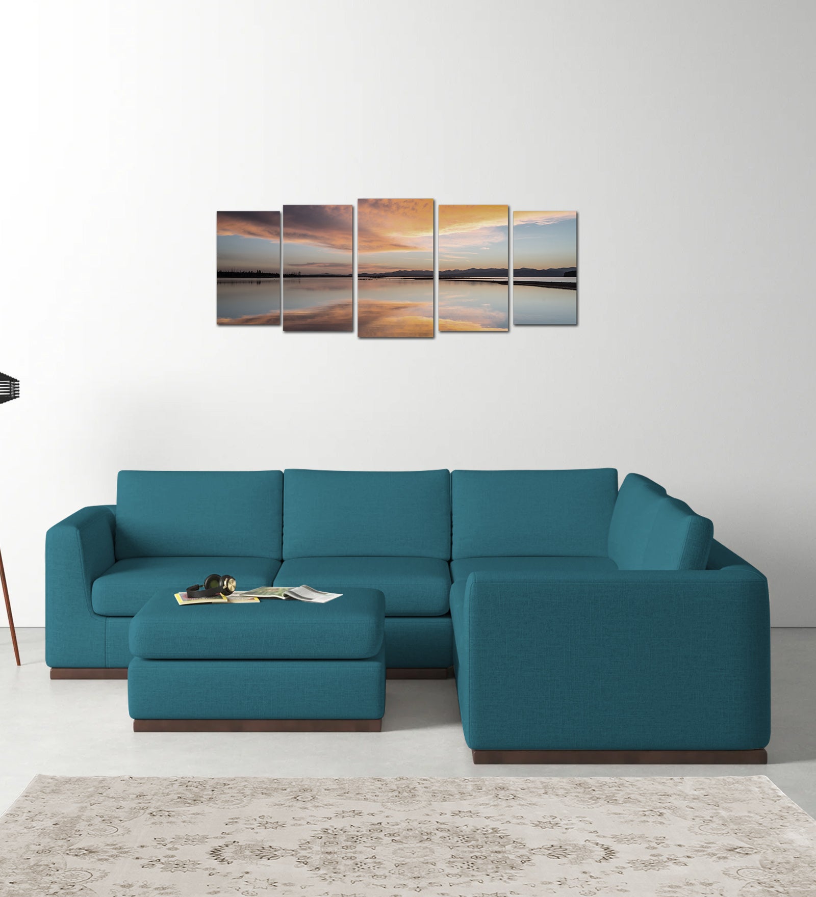 Freedom Velvet 6 Seater RHS Corner Sofa In Aqua Blue Colour With Ottoman - Febonic Living