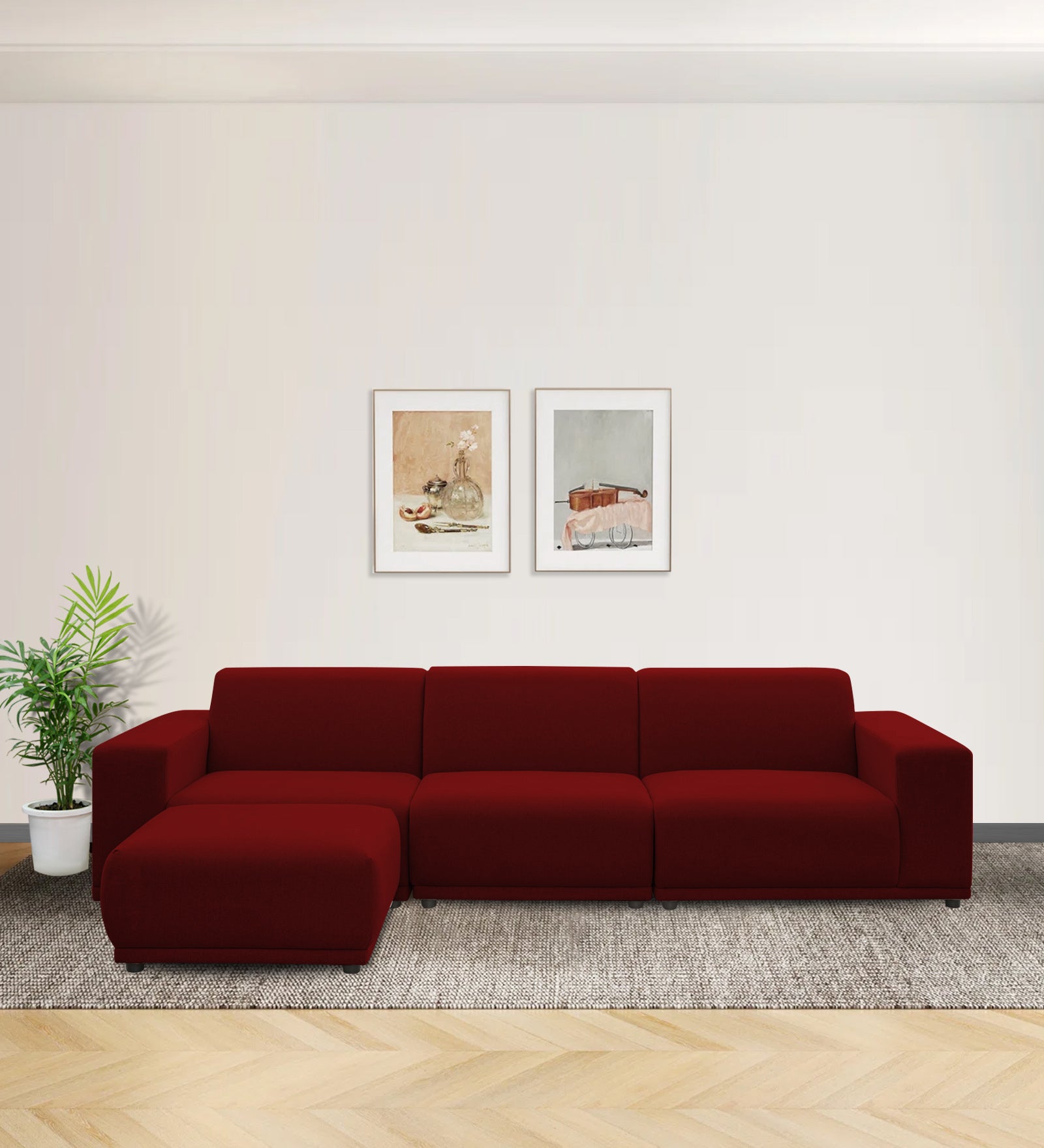 Adam Fabric LHS Sectional Sofa (3+Ottoman Lounger) In Blood Maroon Colour - Febonic Living