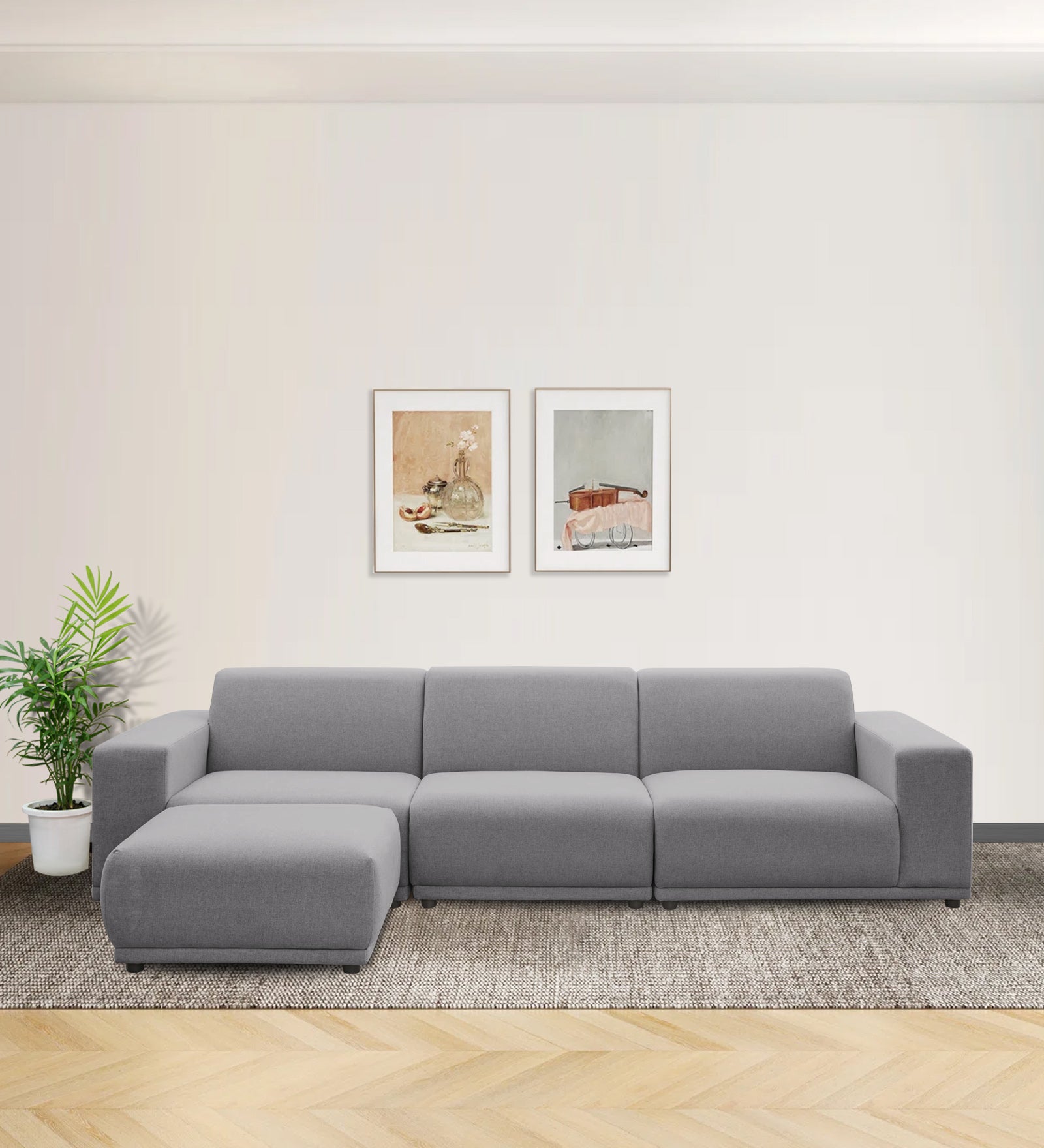 Adam Fabric LHS Sectional Sofa (3+Ottoman Lounger) In Lit Grey Colour - Febonic Living