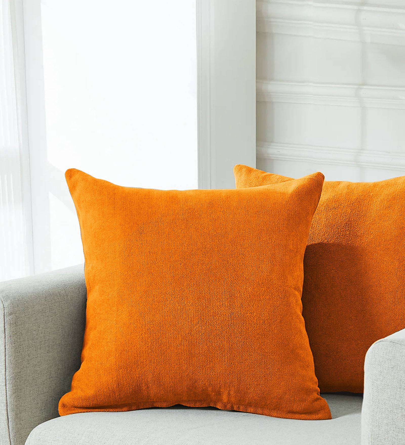 Kaya Fabric Geometric 20x20 inches Cushion + Covers (Pack of 2) In Vivid Orange Colour - Febonic Living