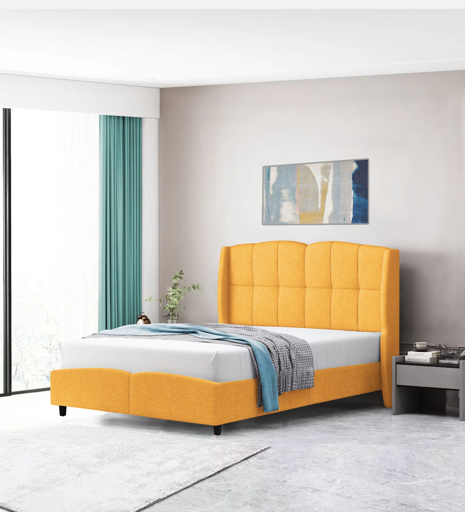 Jovi Velvet Single Size Bed In Turmeric Yellow In Colour - Febonic Living