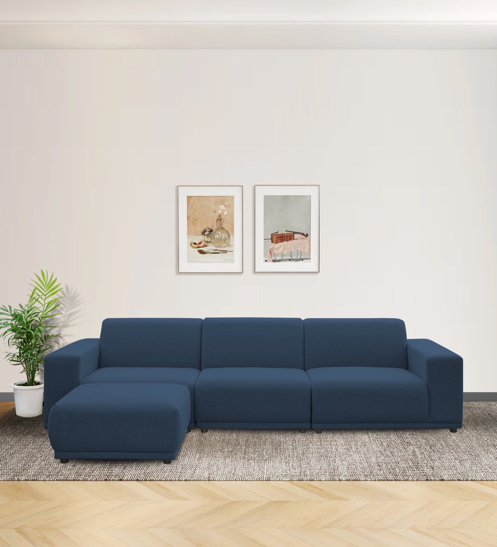 Adam Fabric LHS Sectional Sofa (3+Ottoman Lounger) In Light Blue Colour - Febonic Living