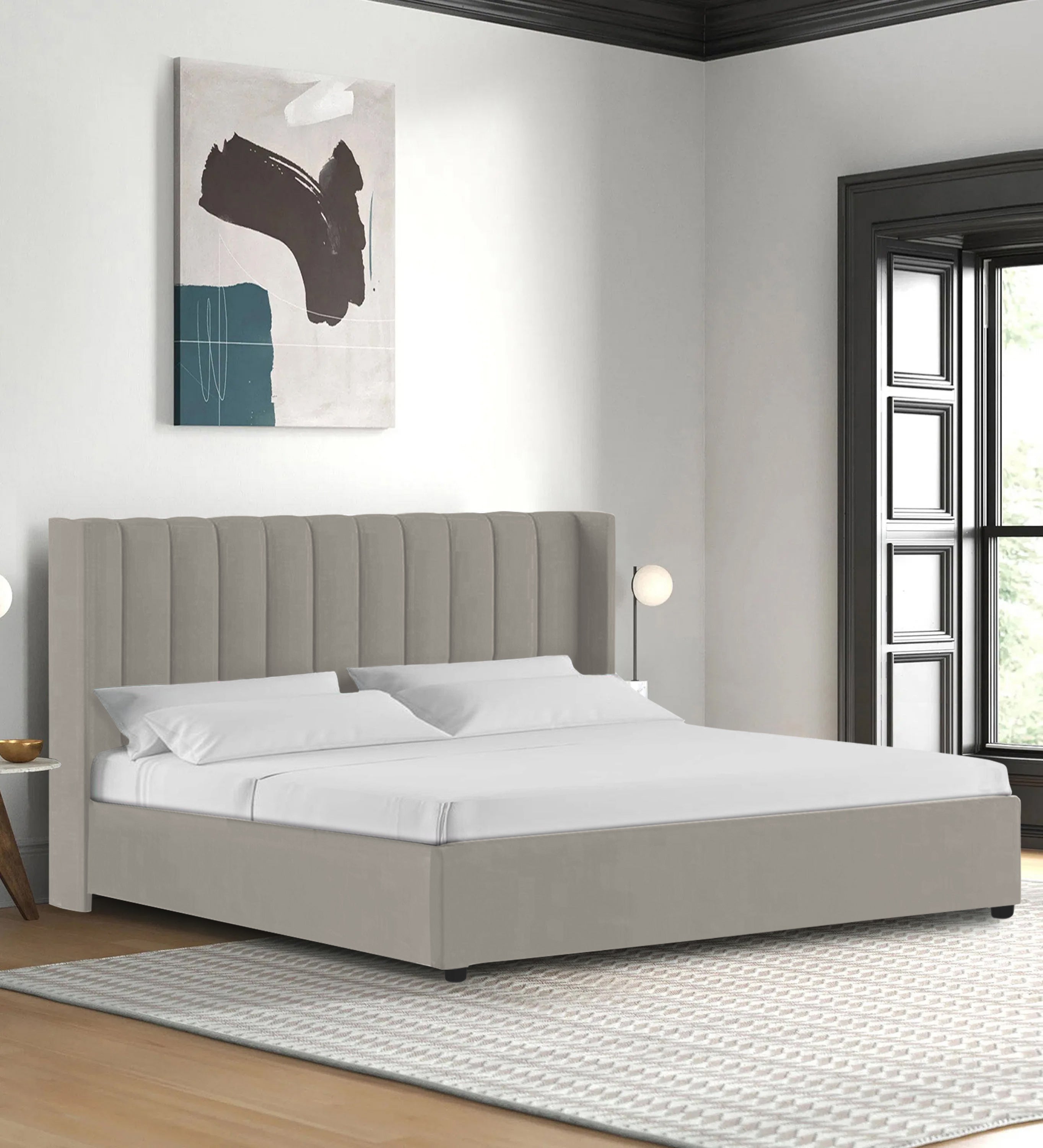 Colina Fabric King Size Bed In Ash Grey Colour With Box Storage - Febonic Living
