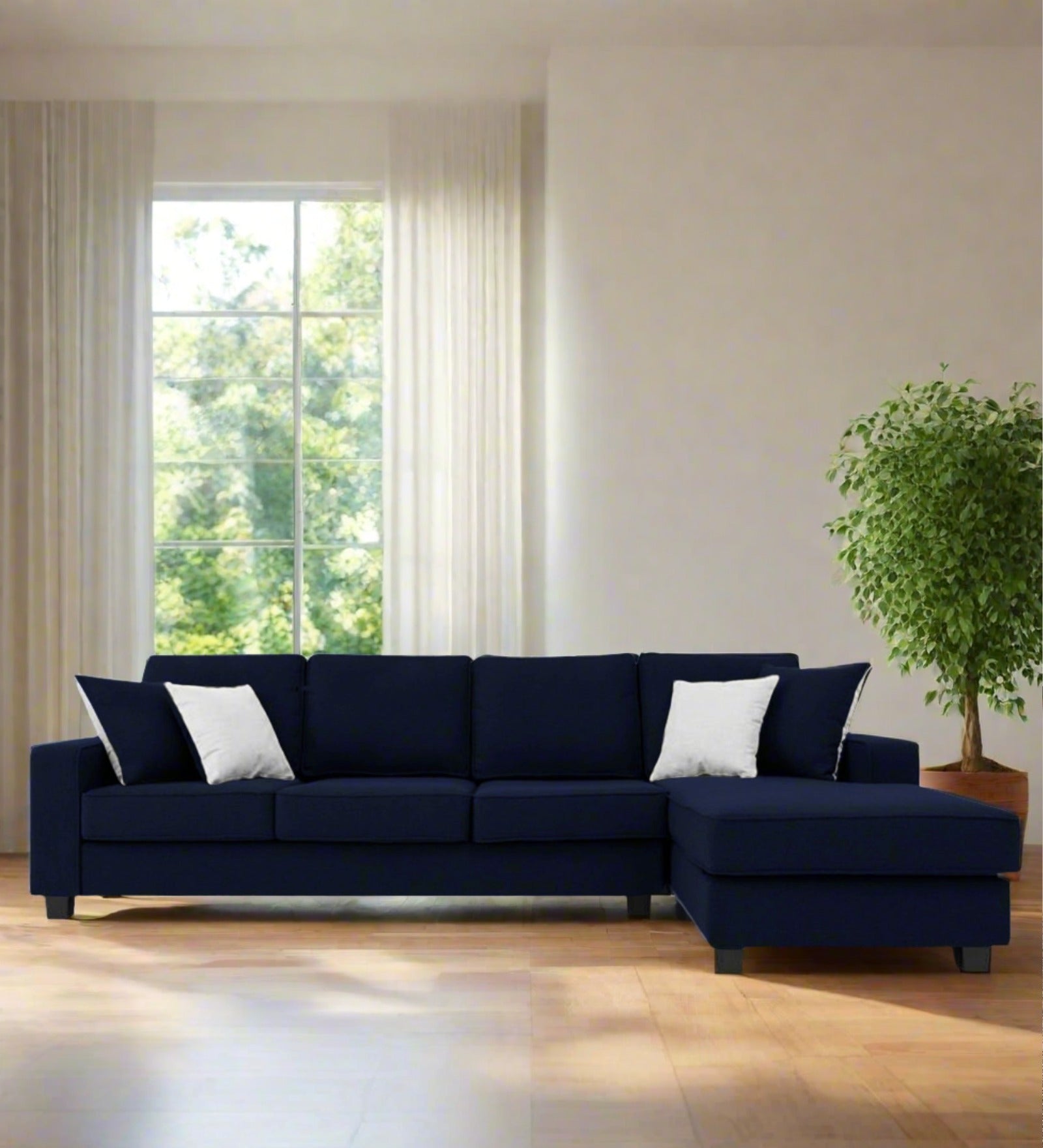 Ladybug Fabric LHS Sectional Sofa (3+Lounger) In Royal Blue Colour - Febonic Living