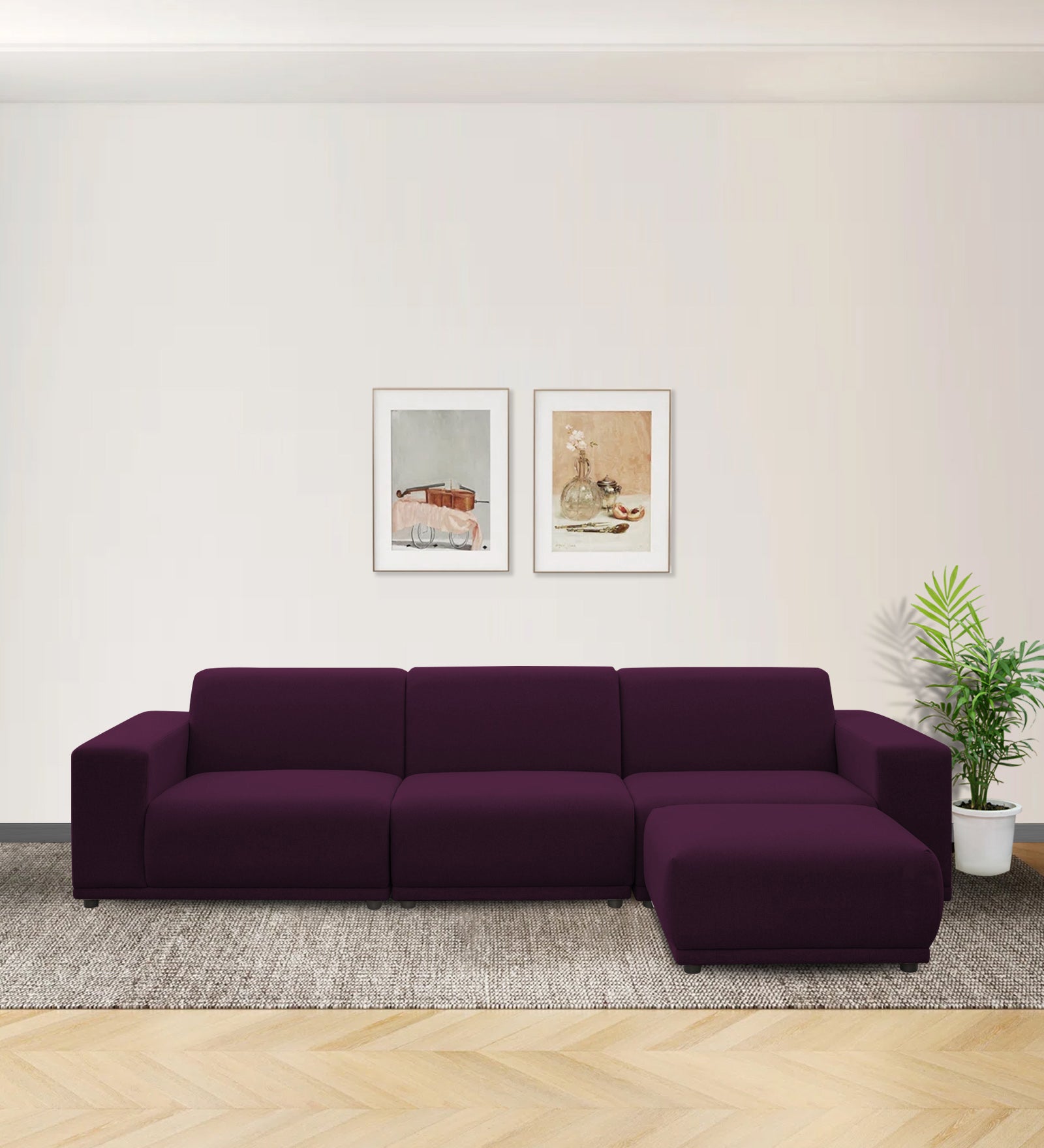Adam Fabric RHS Sectional Sofa (3+Ottoman Lounger) In Greek Purple Colour - Febonic Living