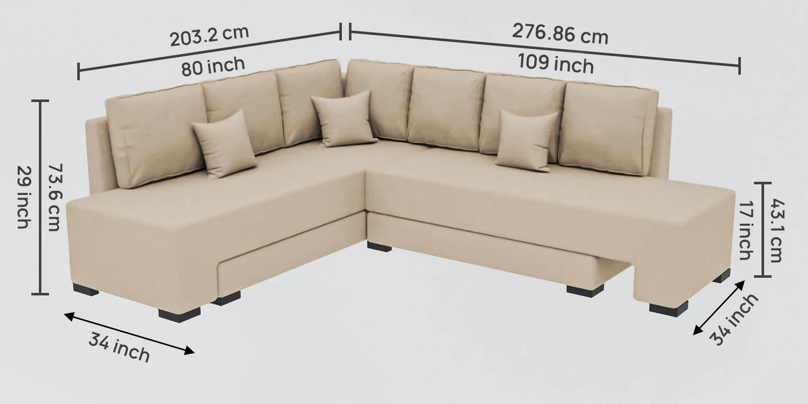 Corby Velvet RHS 6 Seater Convertible Sofa Cum Bed In Cream Beige Colour - Febonic Living