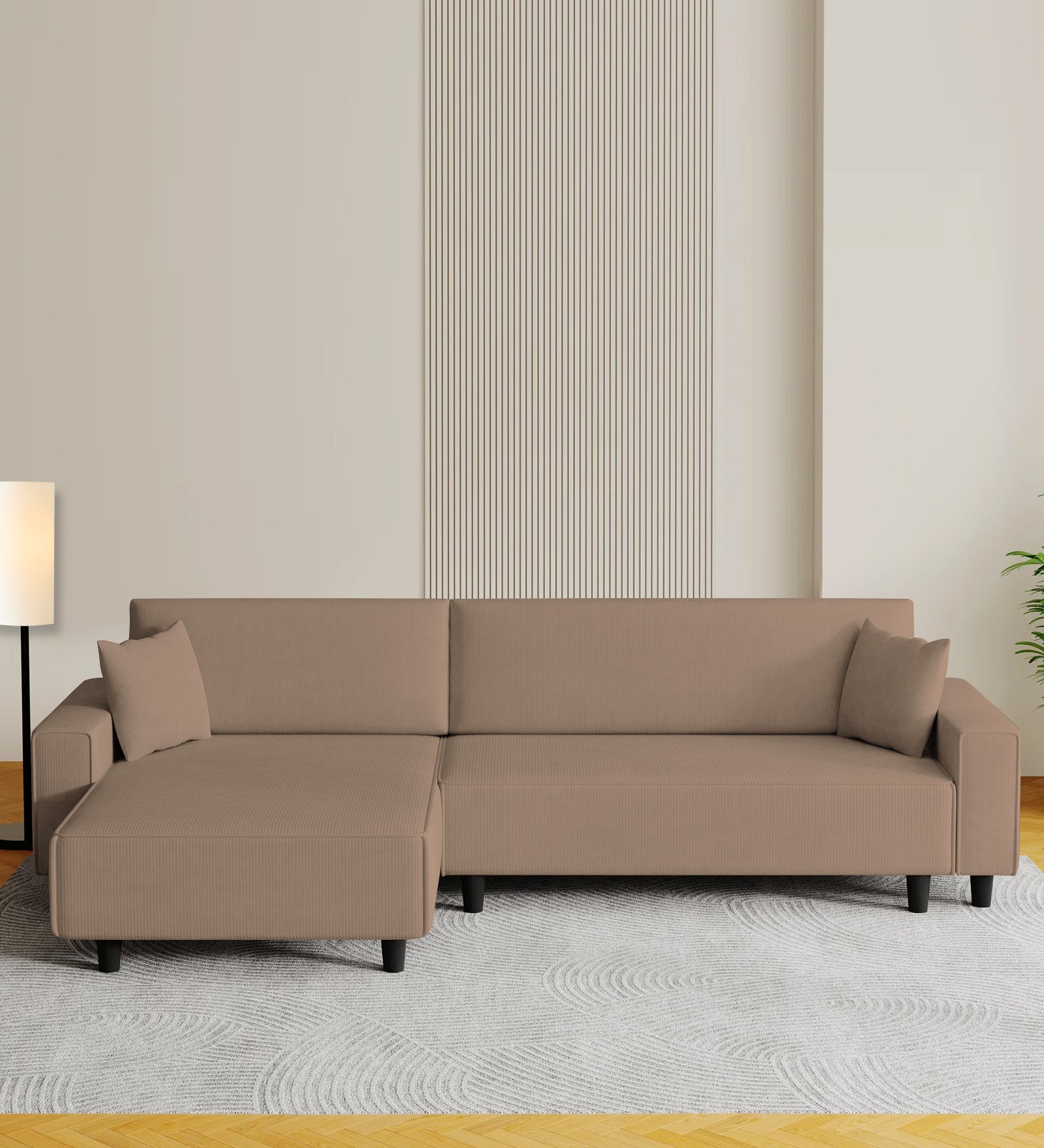 Peach Fabric RHS 6 Seater Sofa Cum Bed With Storage In Cookie Beige Colour - Febonic Living