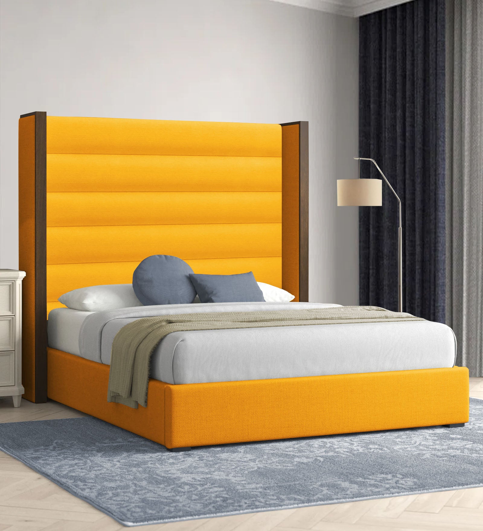 Sunny Fabric Queen Size Bed In Bold Yellow Colour - Febonic Living