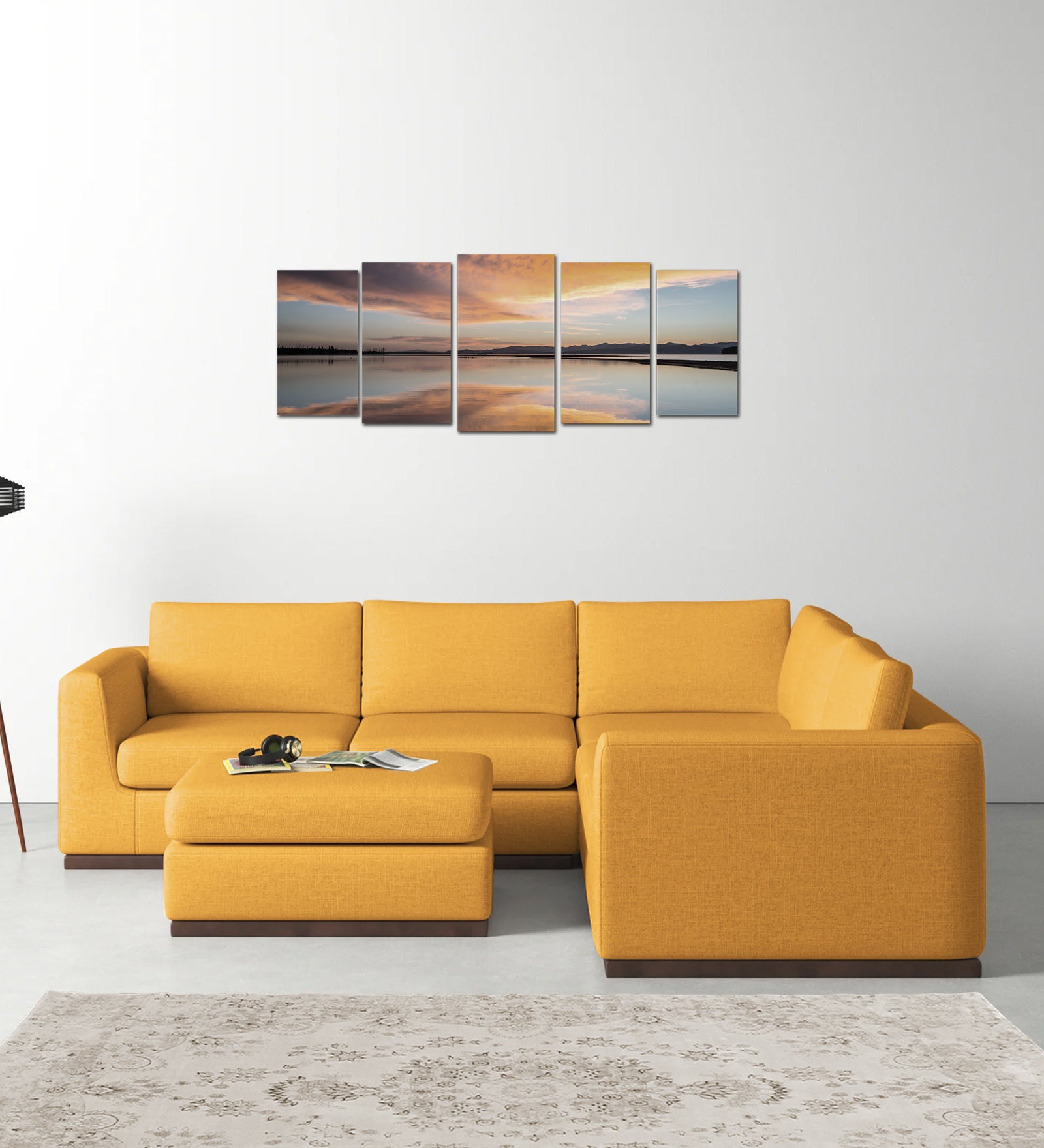 Freedom Velvet 6 Seater RHS Corner Sofa In Turmeric Yellow Colour With Ottoman - Febonic Living