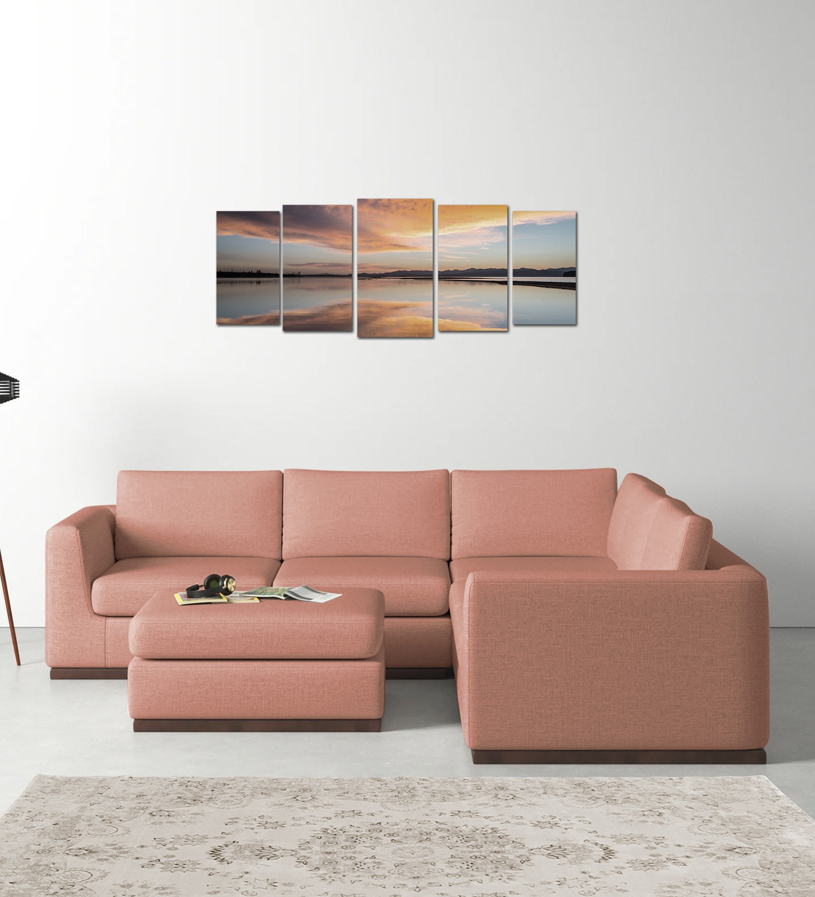 Freedom Velvet 6 Seater RHS Corner Sofa In Blush Pink Colour With Ottoman - Febonic Living