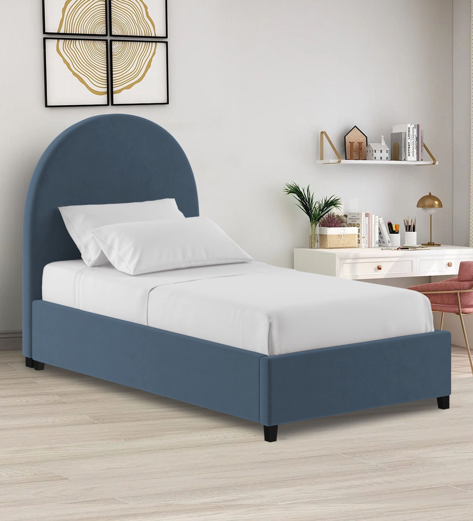 Maro Velvet Single Size Bed In Oxford Blue Colour - Febonic Living