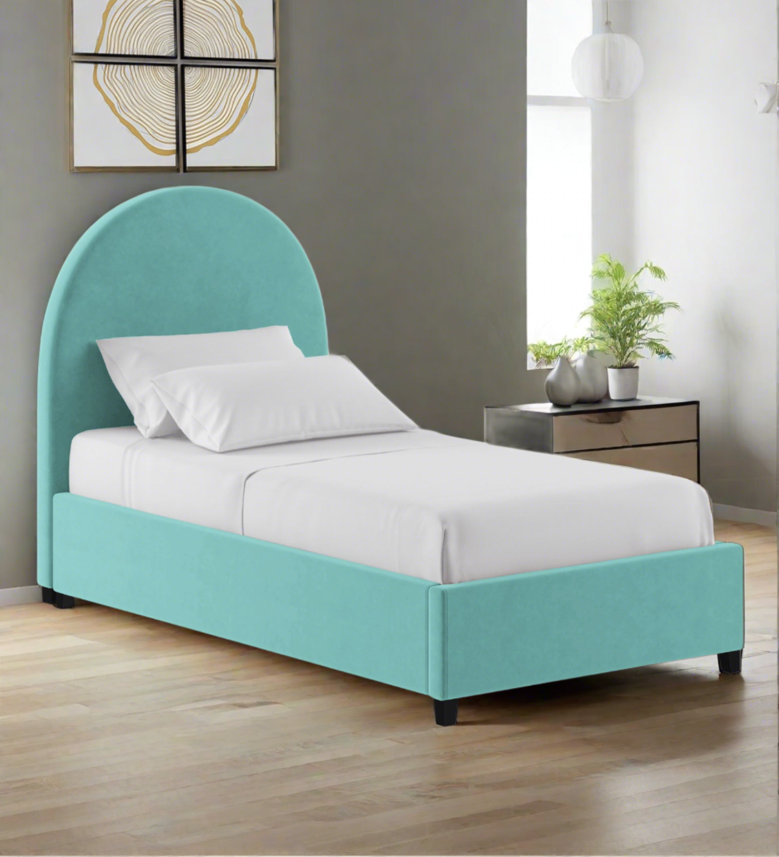 Maro Velvet Single Size Bed In Barmunda Aqua Colour - Febonic Living