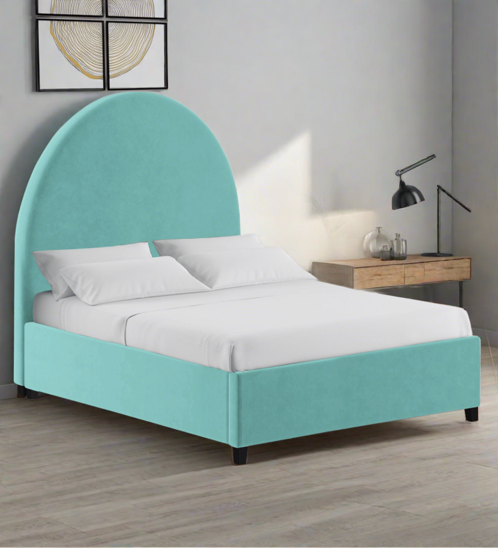 Maro Velvet King Size Bed In Barmunda Aqua Colour - Febonic Living