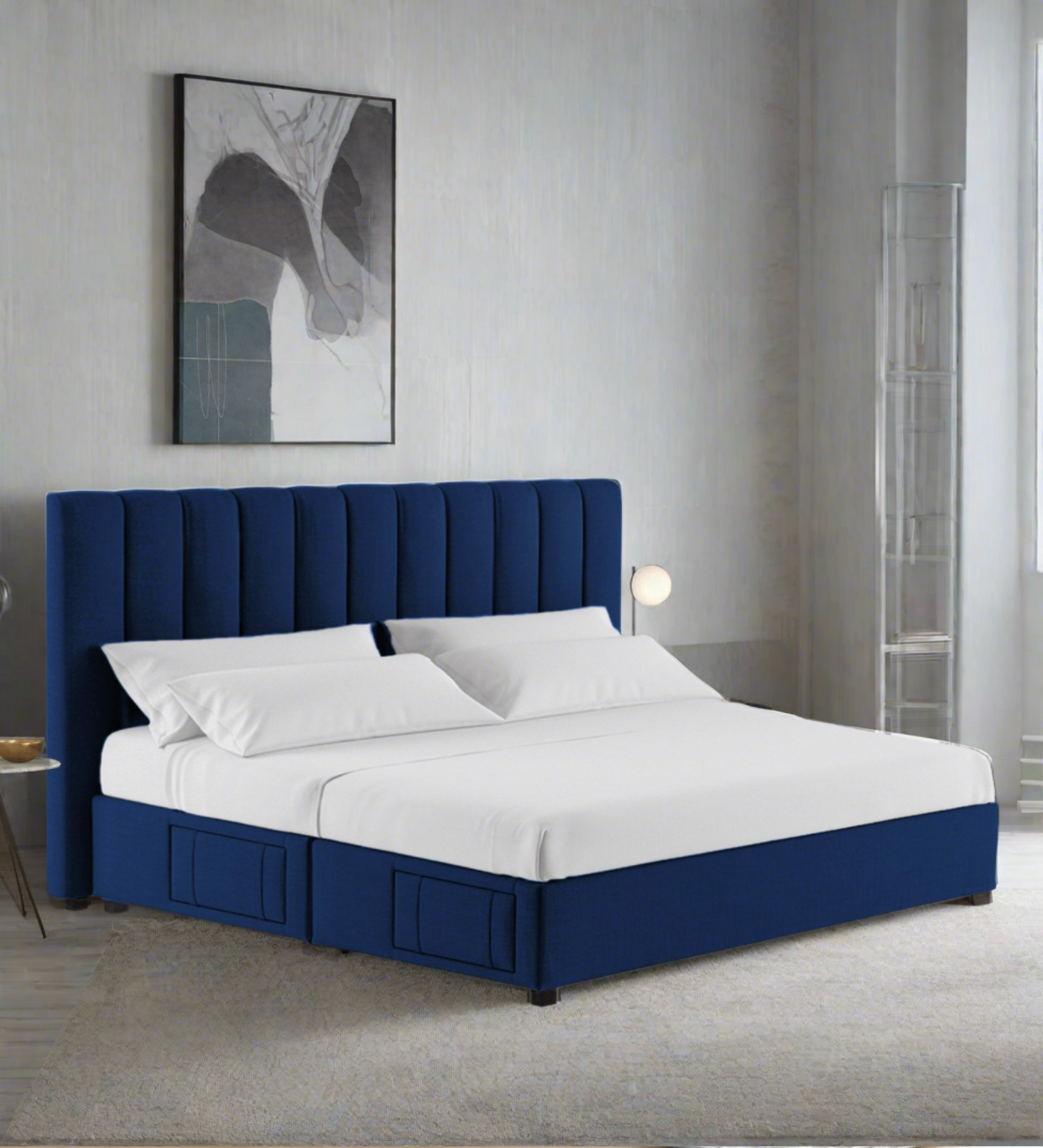 Nivi Fabric Queen Size Bed in Royal Blue Colour with Drawer Storage - Febonic Living