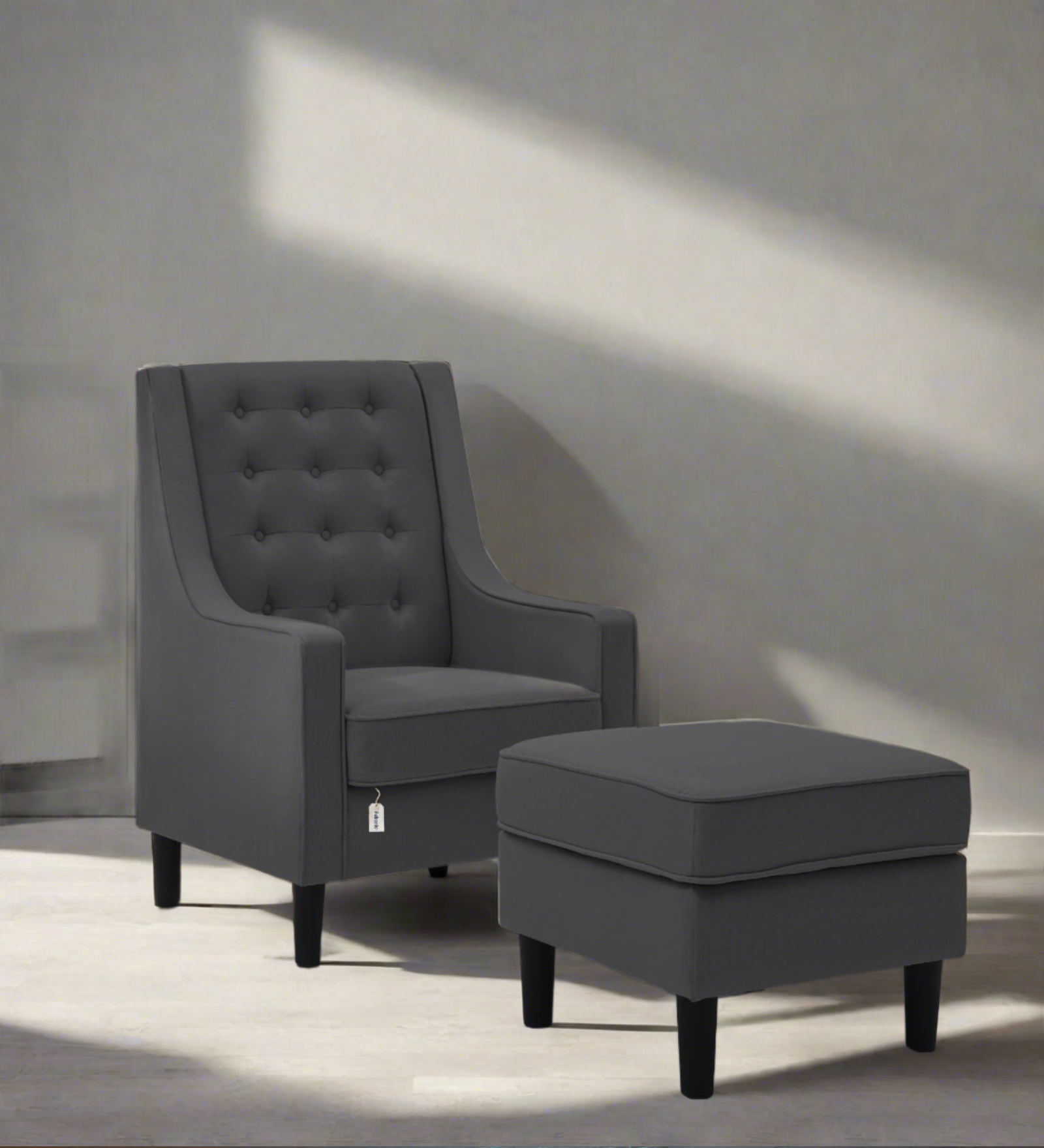 Sona Fabric Barrel Chair + Ottoman in Charcoal Grey Colour