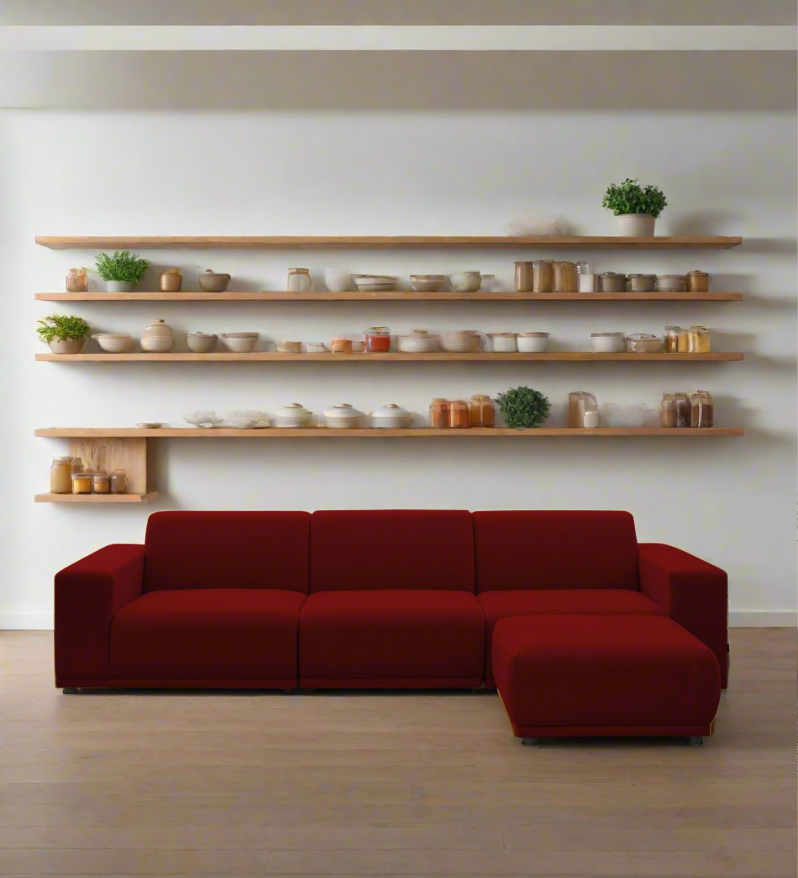 Adam Fabric RHS Sectional Sofa (3+Ottoman Lounger) In Blood Maroon Colour - Febonic Living