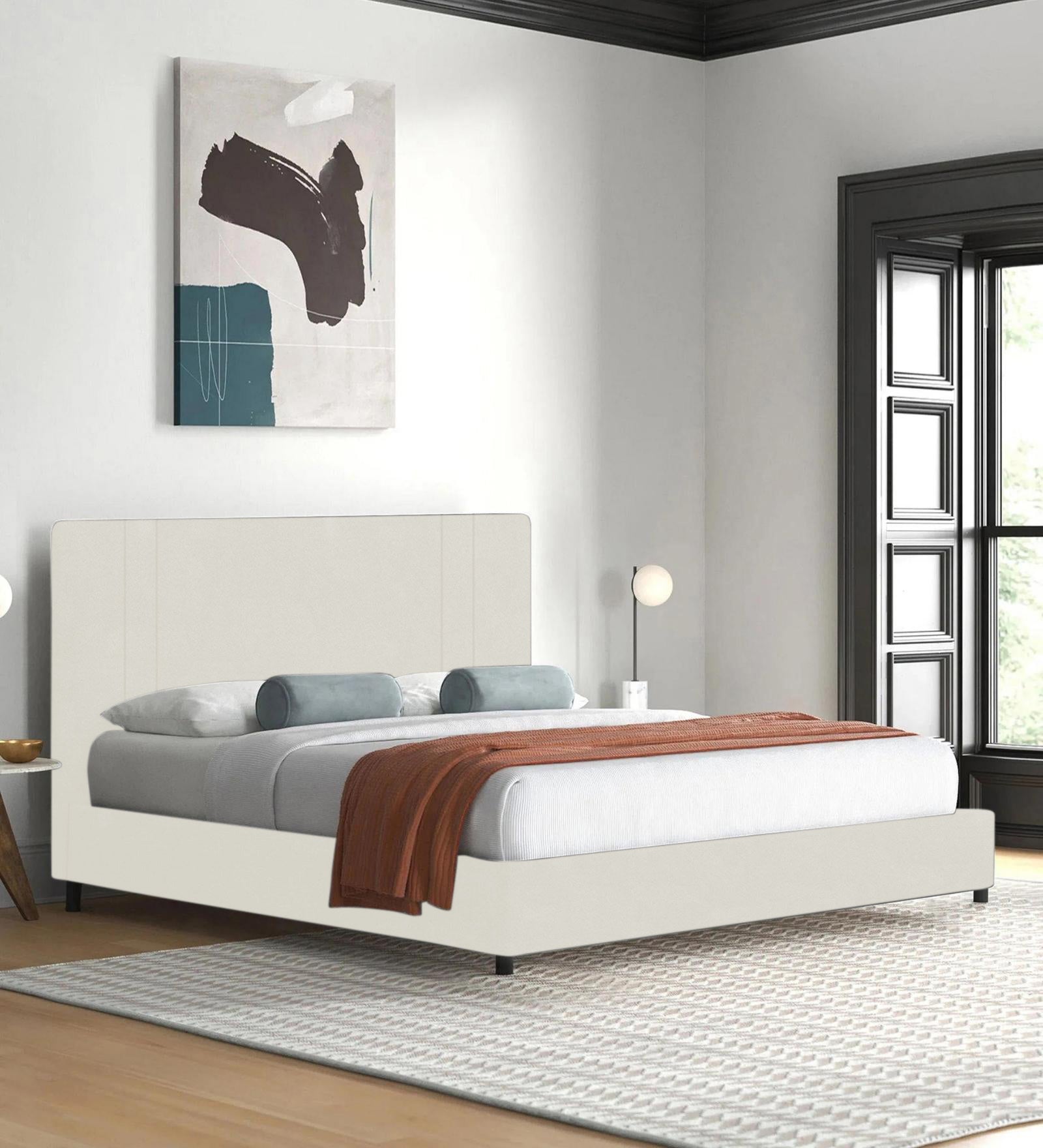 Asyra Velvet Queen Bed in Warm White Colour With Box Storage - Febonic Living