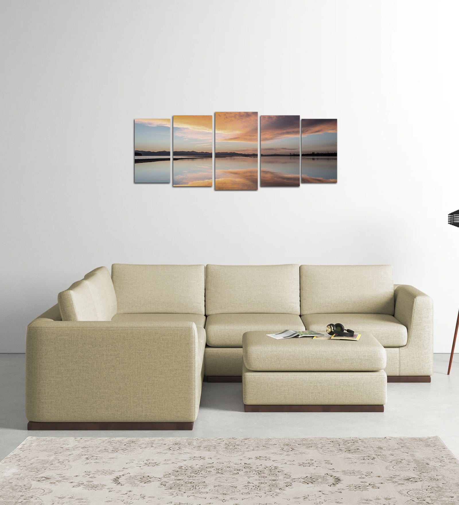 Freedom Velvet 6 Seater LHS Corner Sofa In Warm White Colour With Ottoman - Febonic Living