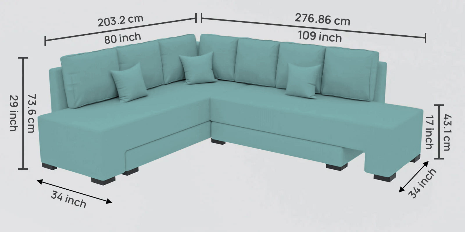 Corby Velvet RHS 6 Seater Convertible Sofa Cum Bed In Barmunda Aqua Colour - Febonic Living
