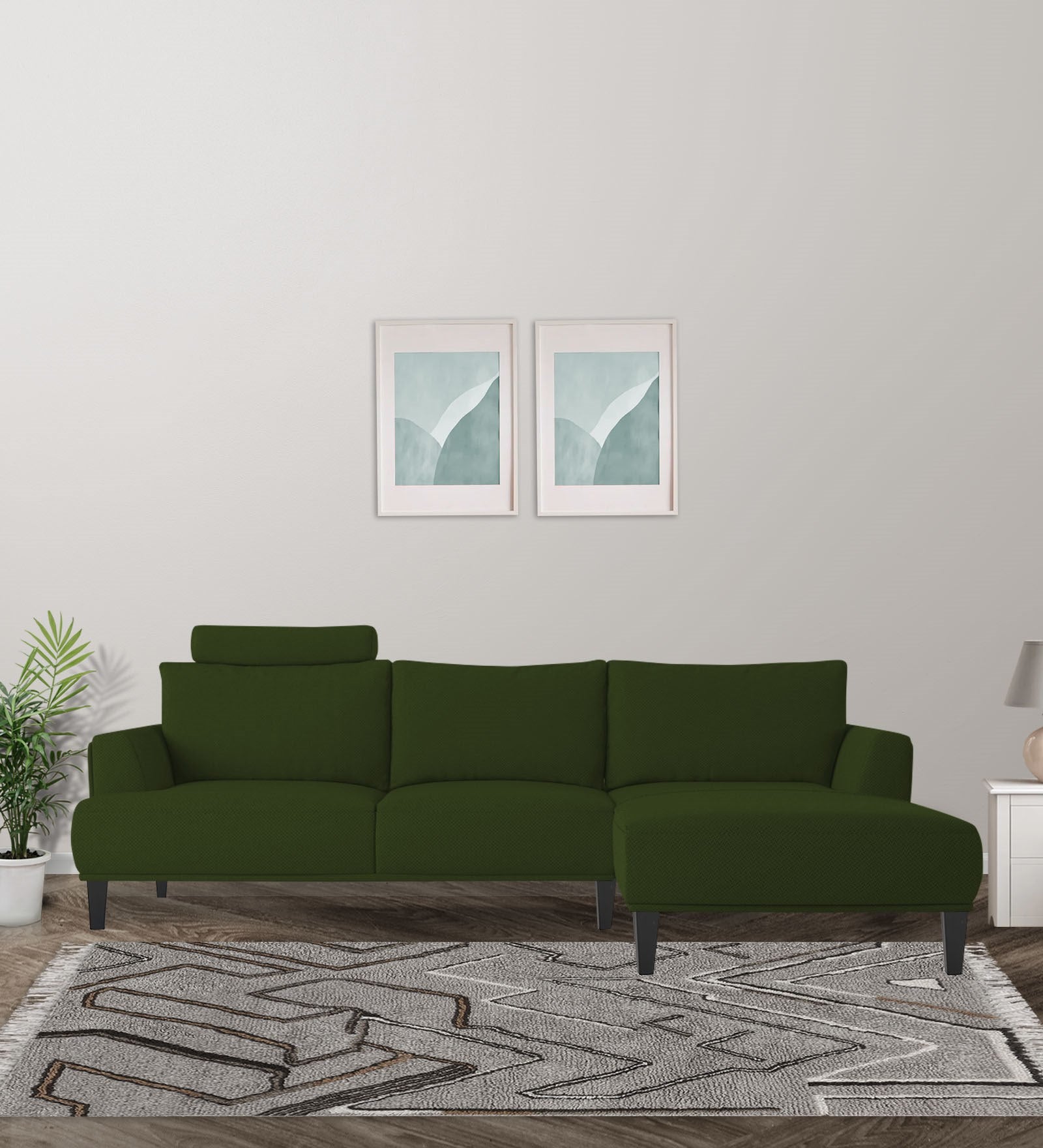 Como Fabric LHS Sectional Sofa (3+Lounger) In Olive Green Colour - Febonic Living