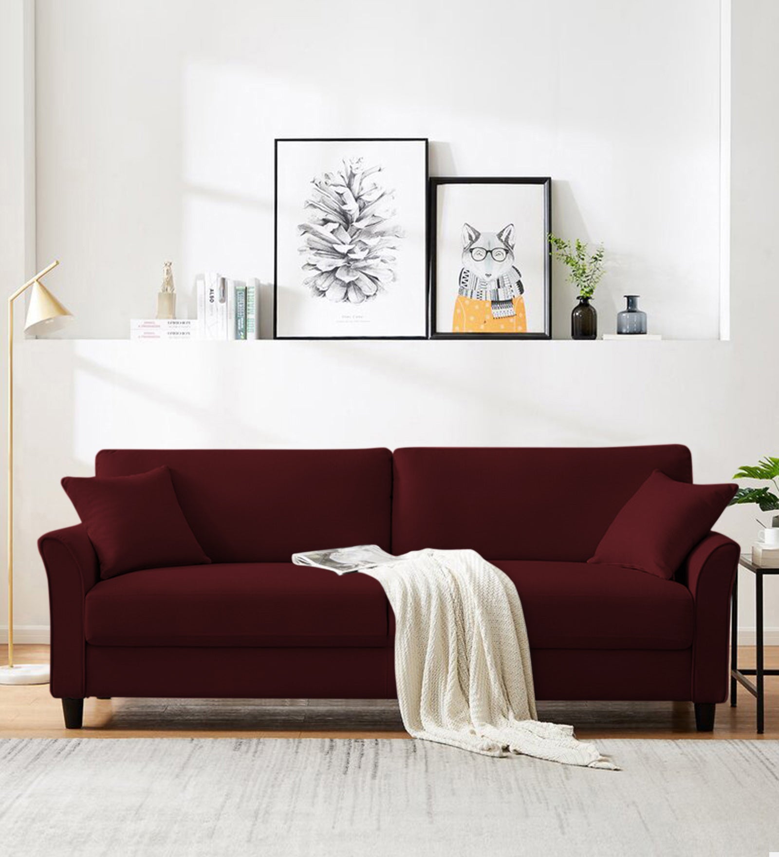Daroo Velvet 3 Seater Sofa In Blood Maroon Colour - Febonic Living
