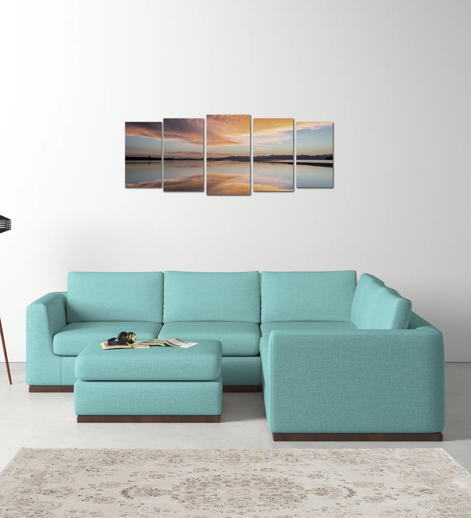 Freedom Velvet 6 Seater RHS Corner Sofa In Barmunda Aqua Colour With Ottoman - Febonic Living