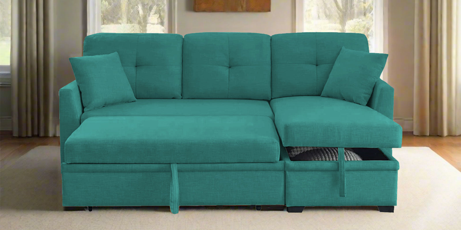 Jody Fabric 3 Seater Pull Out Sofa Cum Bed In Sea Green Colour With Storage - Febonic Living