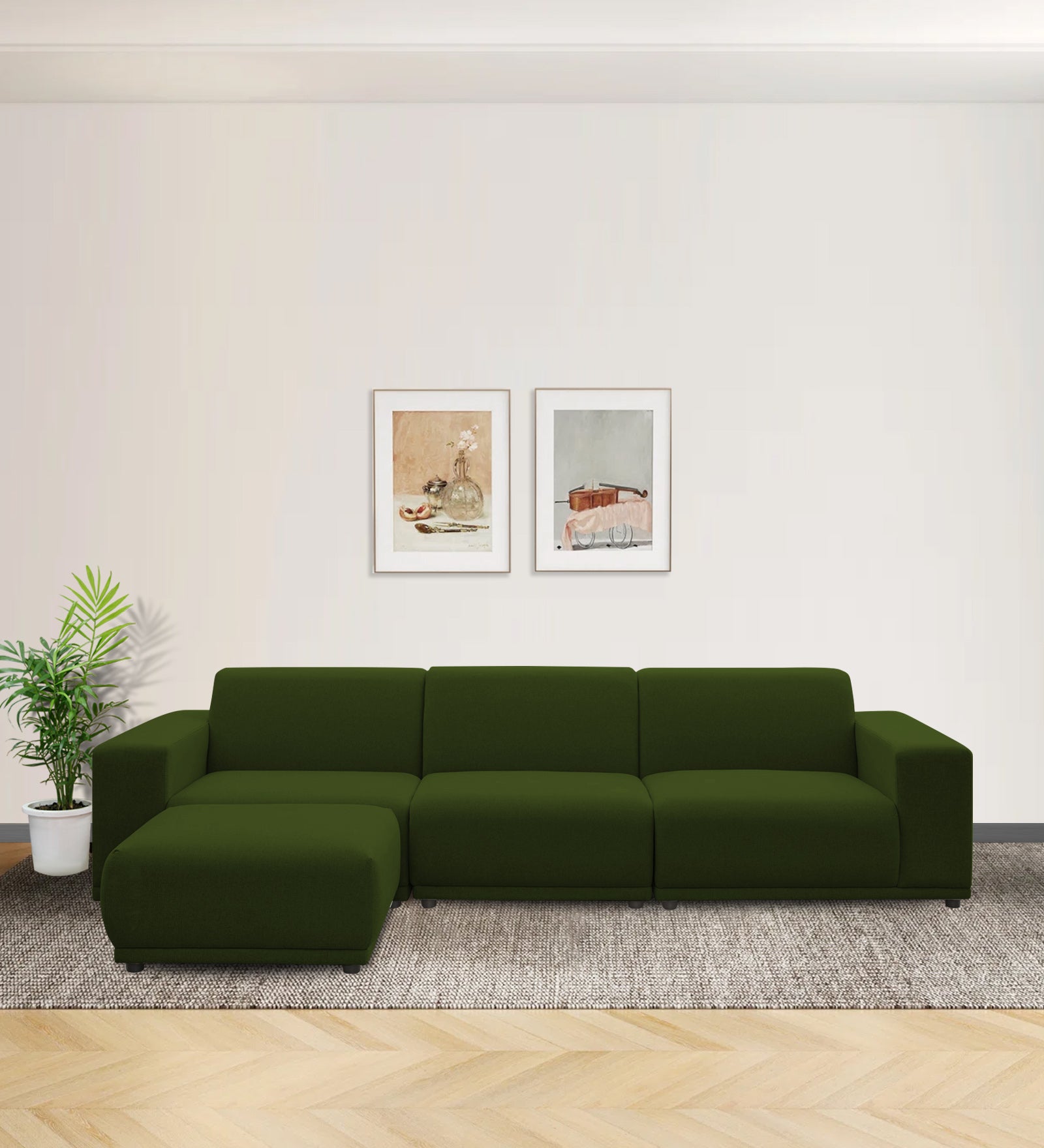 Adam Fabric LHS Sectional Sofa (3+Ottoman Lounger) In Olive Green Colour - Febonic Living